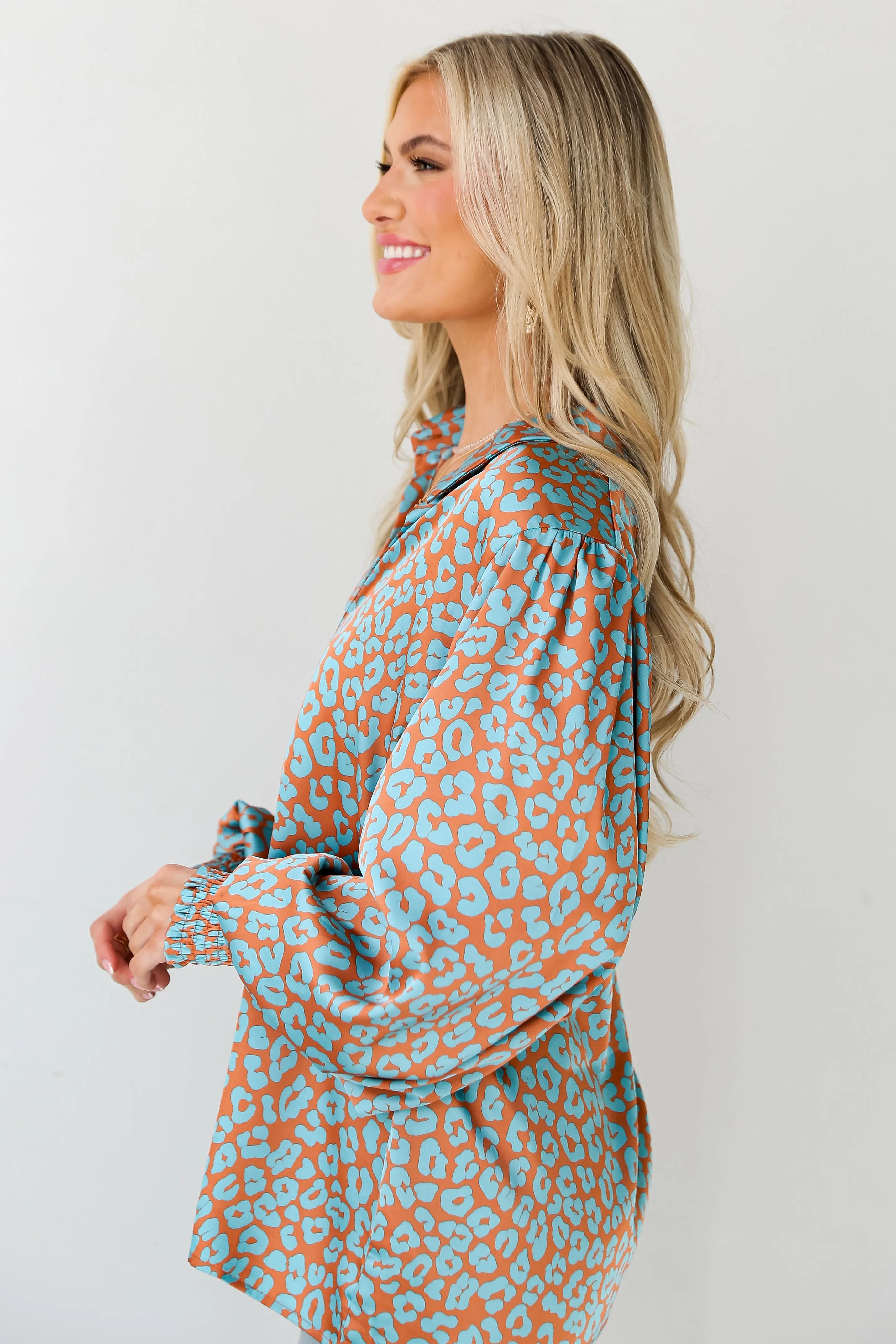 FINAL SALE - Instant Attraction Light Blue Satin Leopard Blouse
