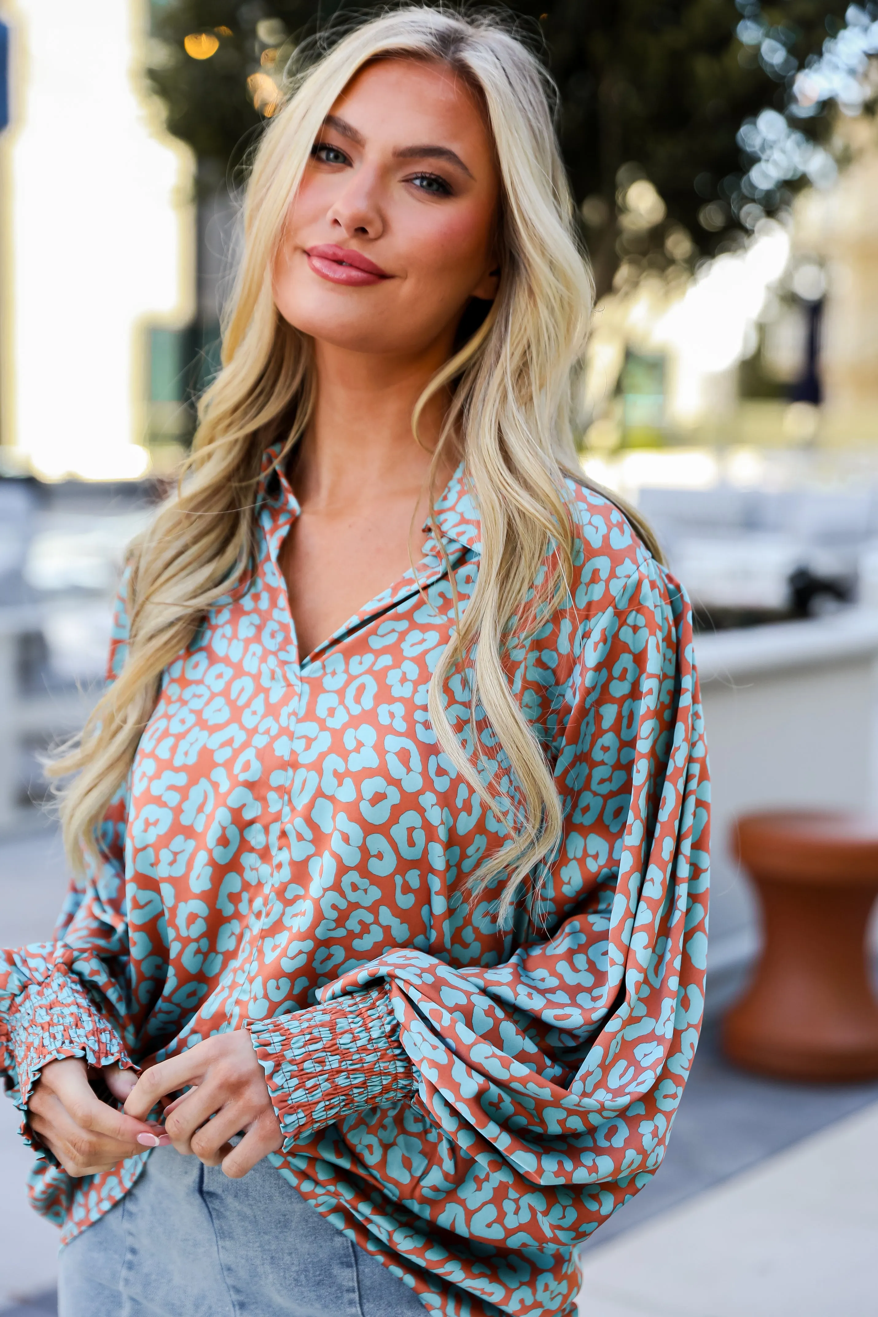 FINAL SALE - Instant Attraction Light Blue Satin Leopard Blouse