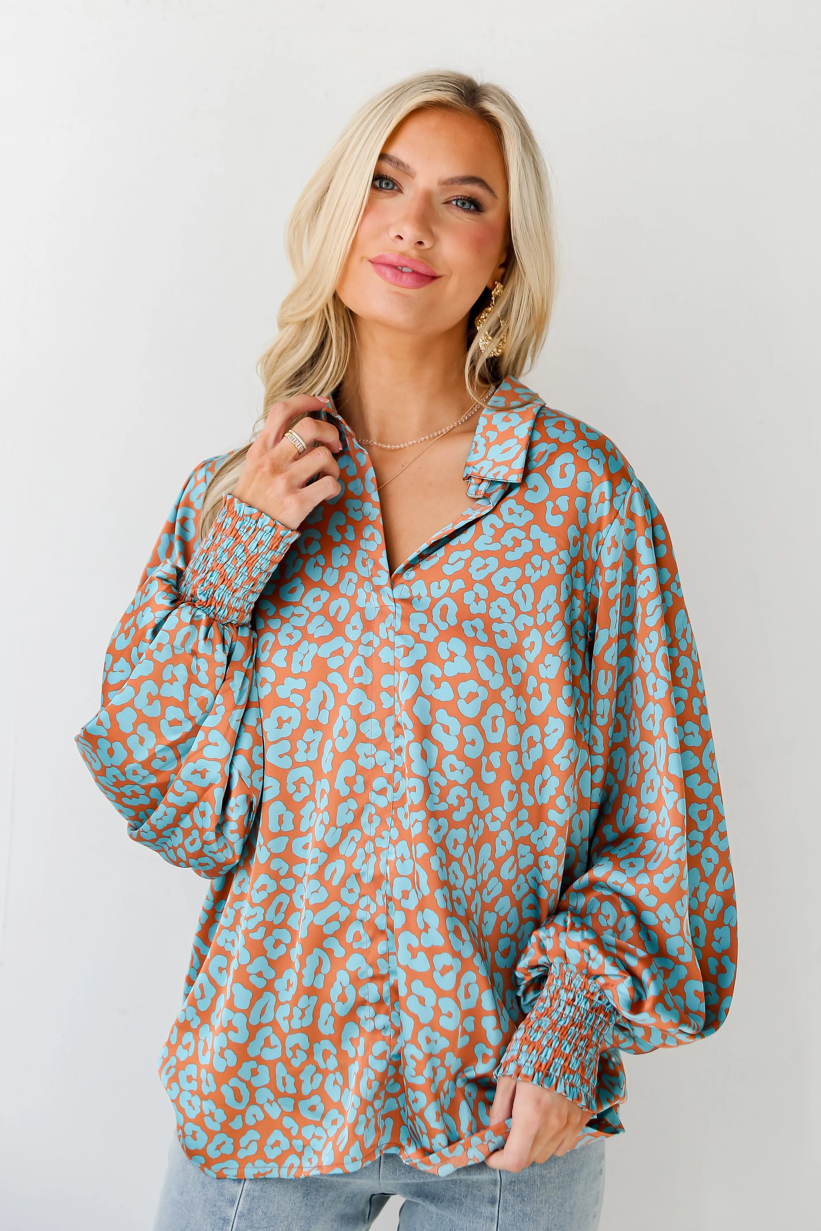 FINAL SALE - Instant Attraction Light Blue Satin Leopard Blouse