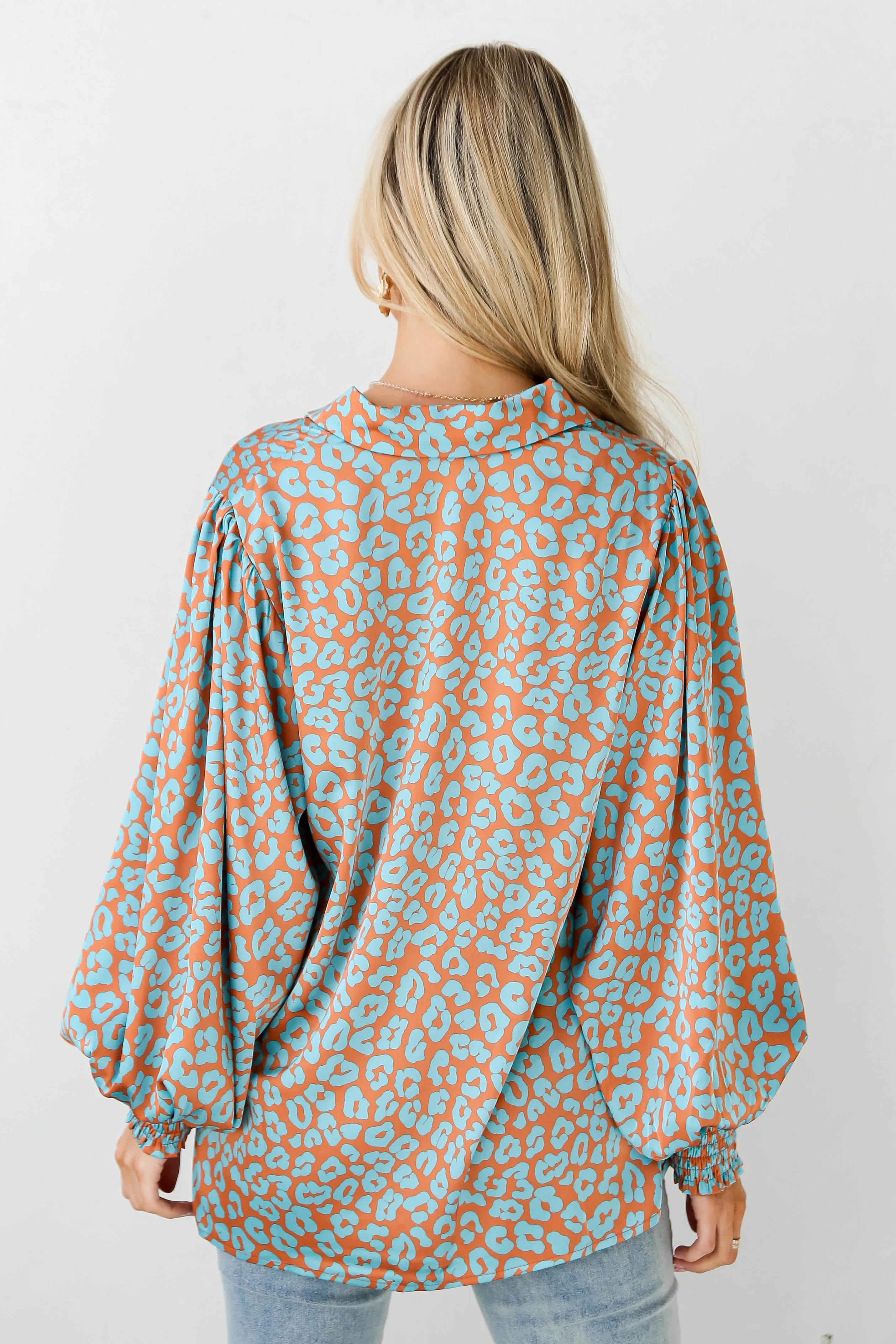 FINAL SALE - Instant Attraction Light Blue Satin Leopard Blouse