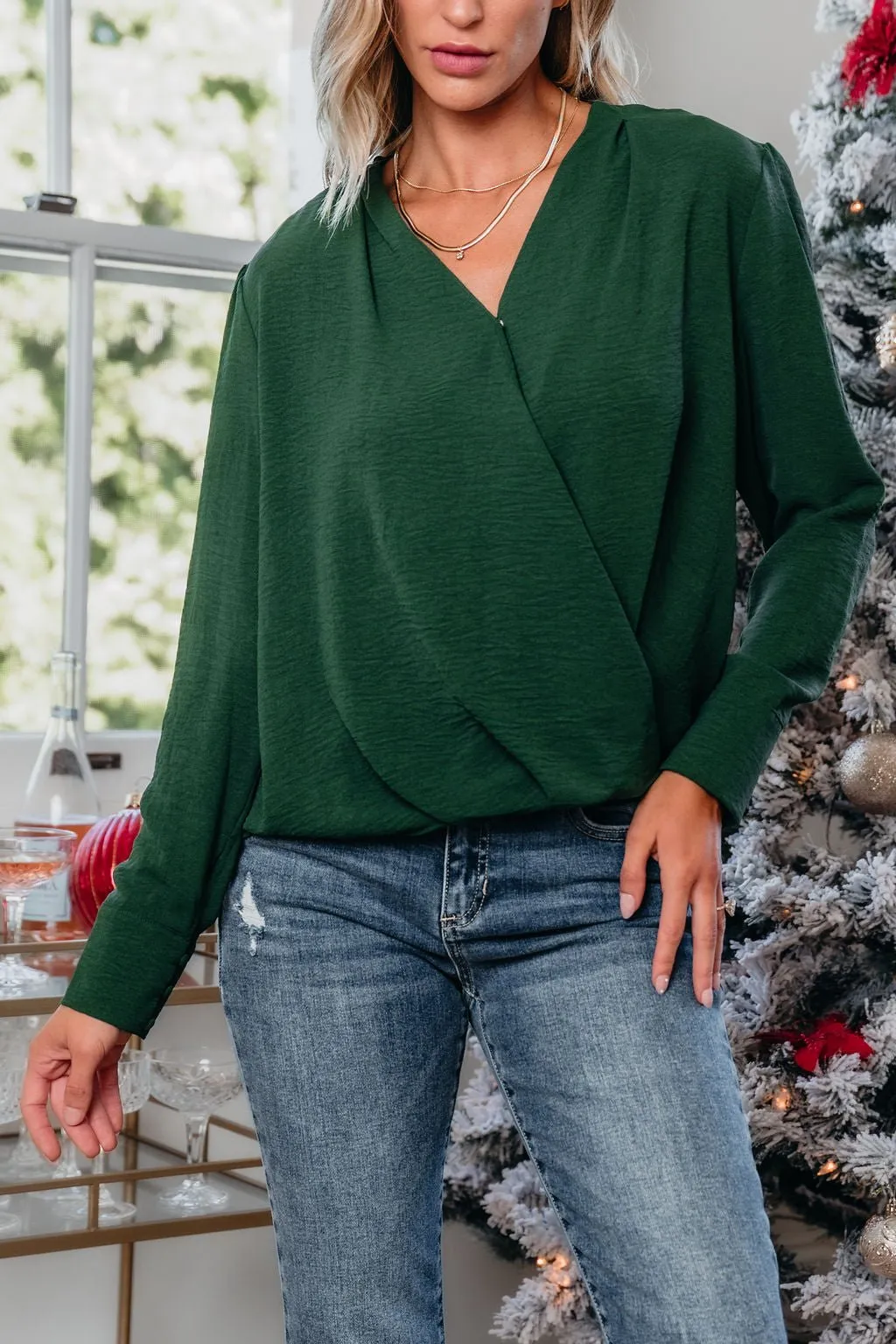 Green Surplice V Neck Top - FINAL SALE