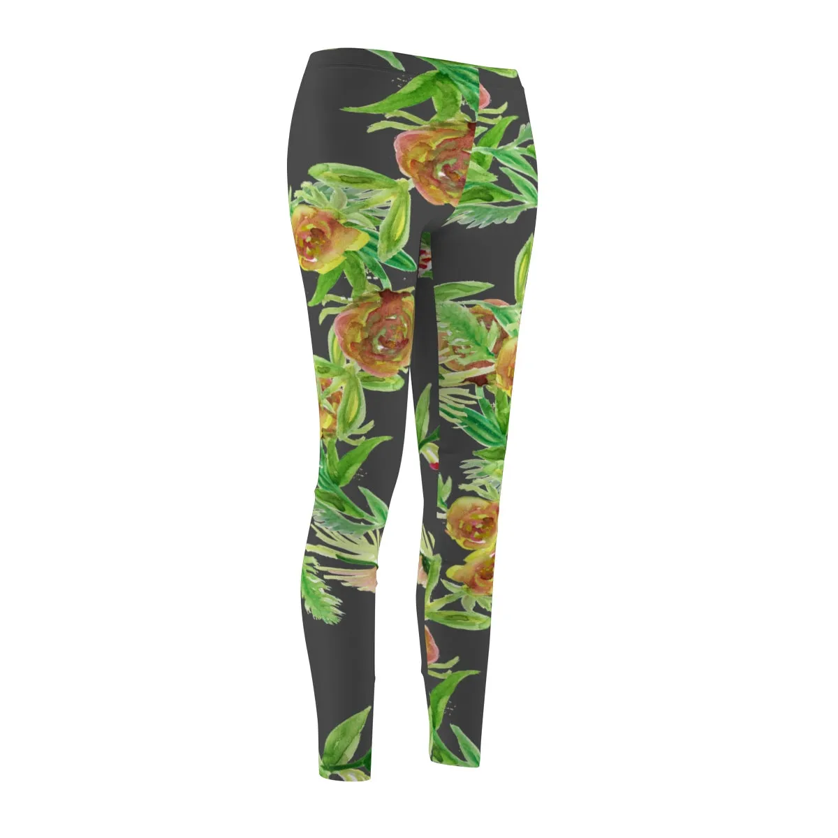 Grey Rose Flower Casual Tights, Floral Print Women's Tights / Casual Leggings - Made in USA
