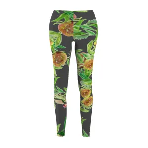 Grey Rose Flower Casual Tights, Floral Print Women's Tights / Casual Leggings - Made in USA