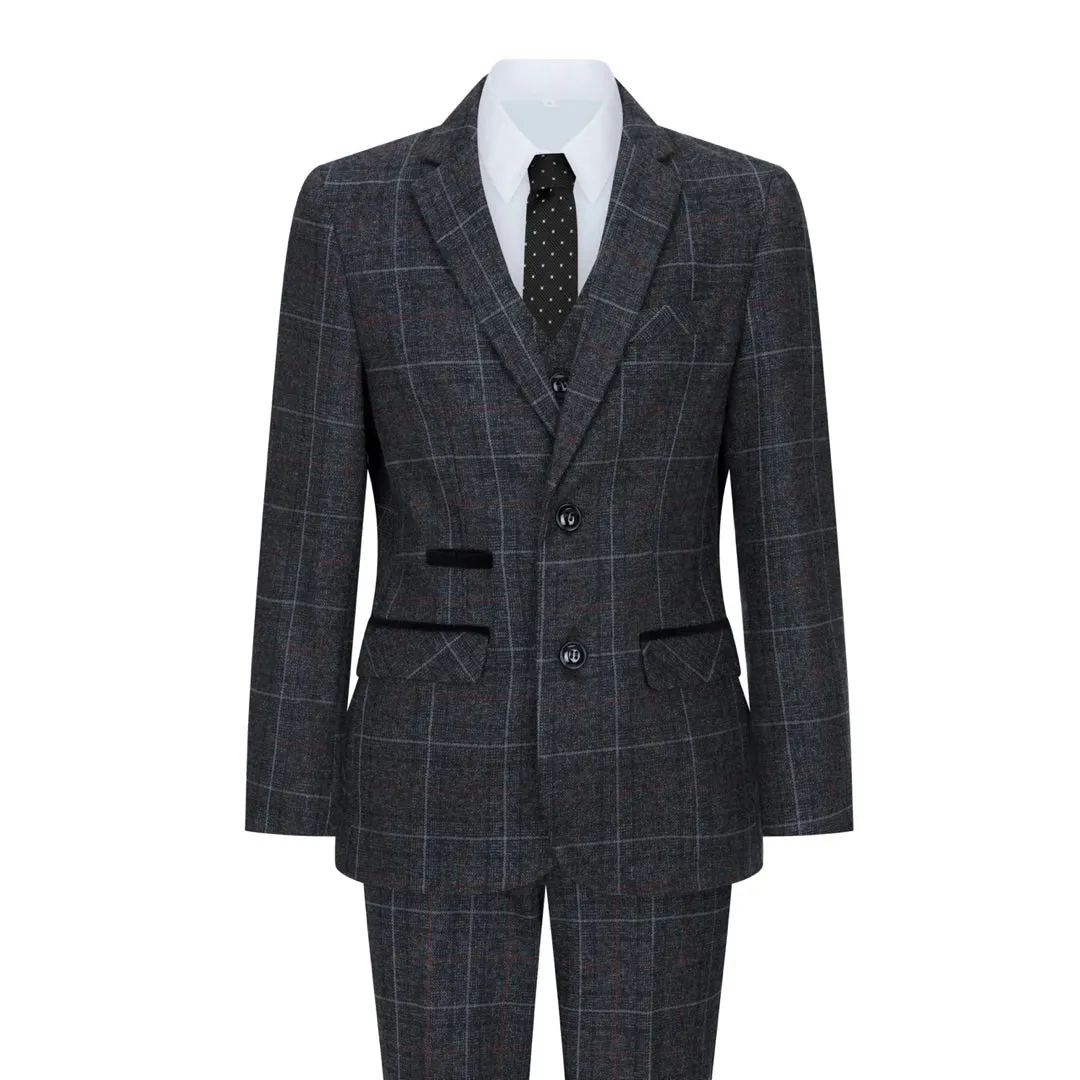 Harvey - Boys Grey Black 3 Piece Tweed Suit Herringbone Wine