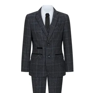 Harvey - Boys Grey Black 3 Piece Tweed Suit Herringbone Wine