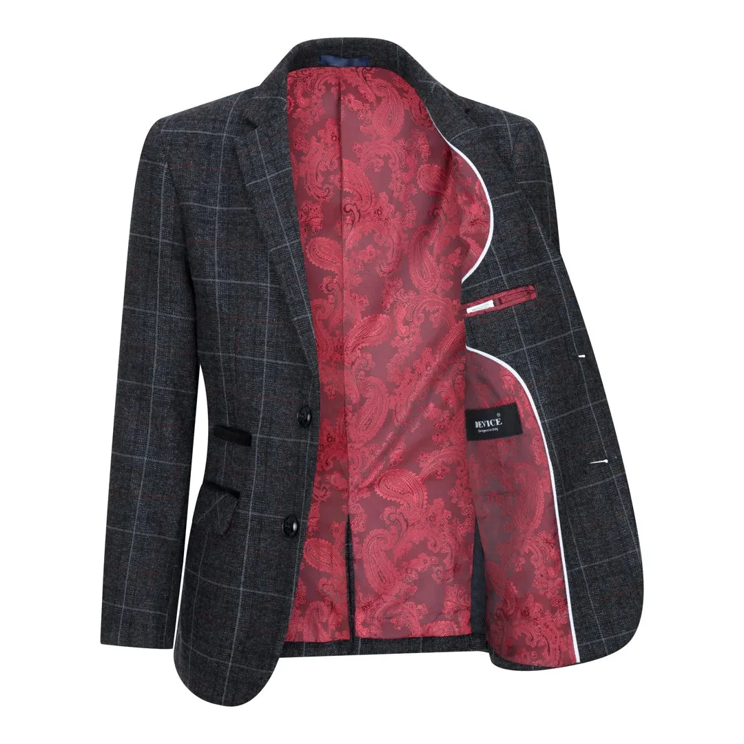 Harvey - Boys Grey Black 3 Piece Tweed Suit Herringbone Wine