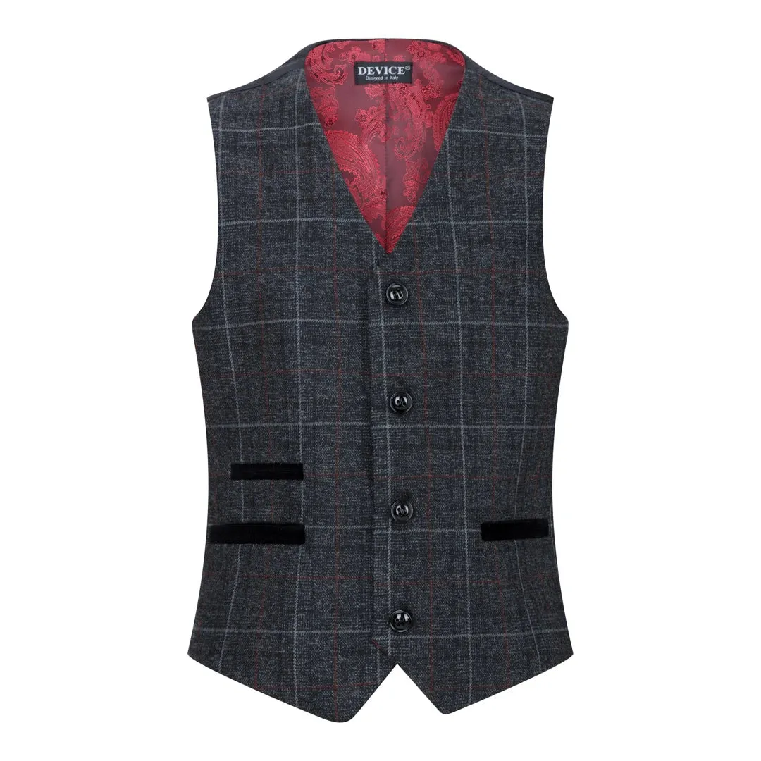 Harvey - Boys Grey Black 3 Piece Tweed Suit Herringbone Wine