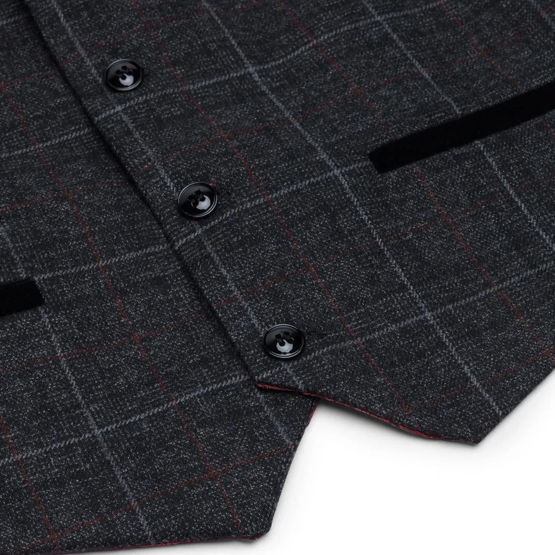 Harvey - Boys Grey Black 3 Piece Tweed Suit Herringbone Wine