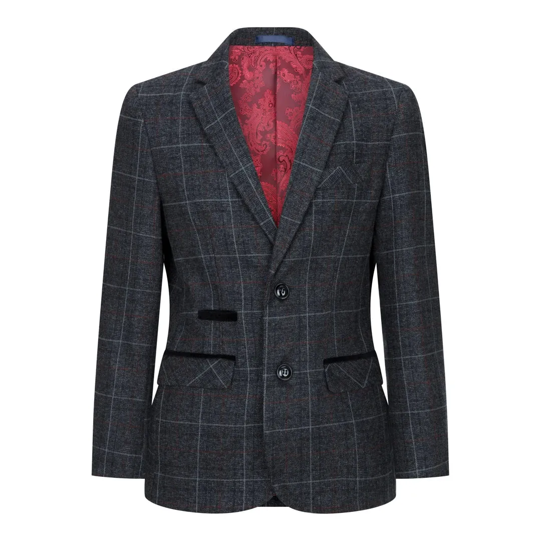 Harvey - Boys Grey Black 3 Piece Tweed Suit Herringbone Wine