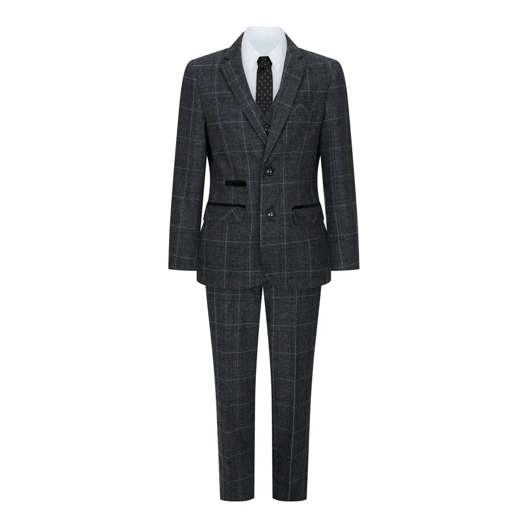 Harvey - Boys Grey Black 3 Piece Tweed Suit Herringbone Wine