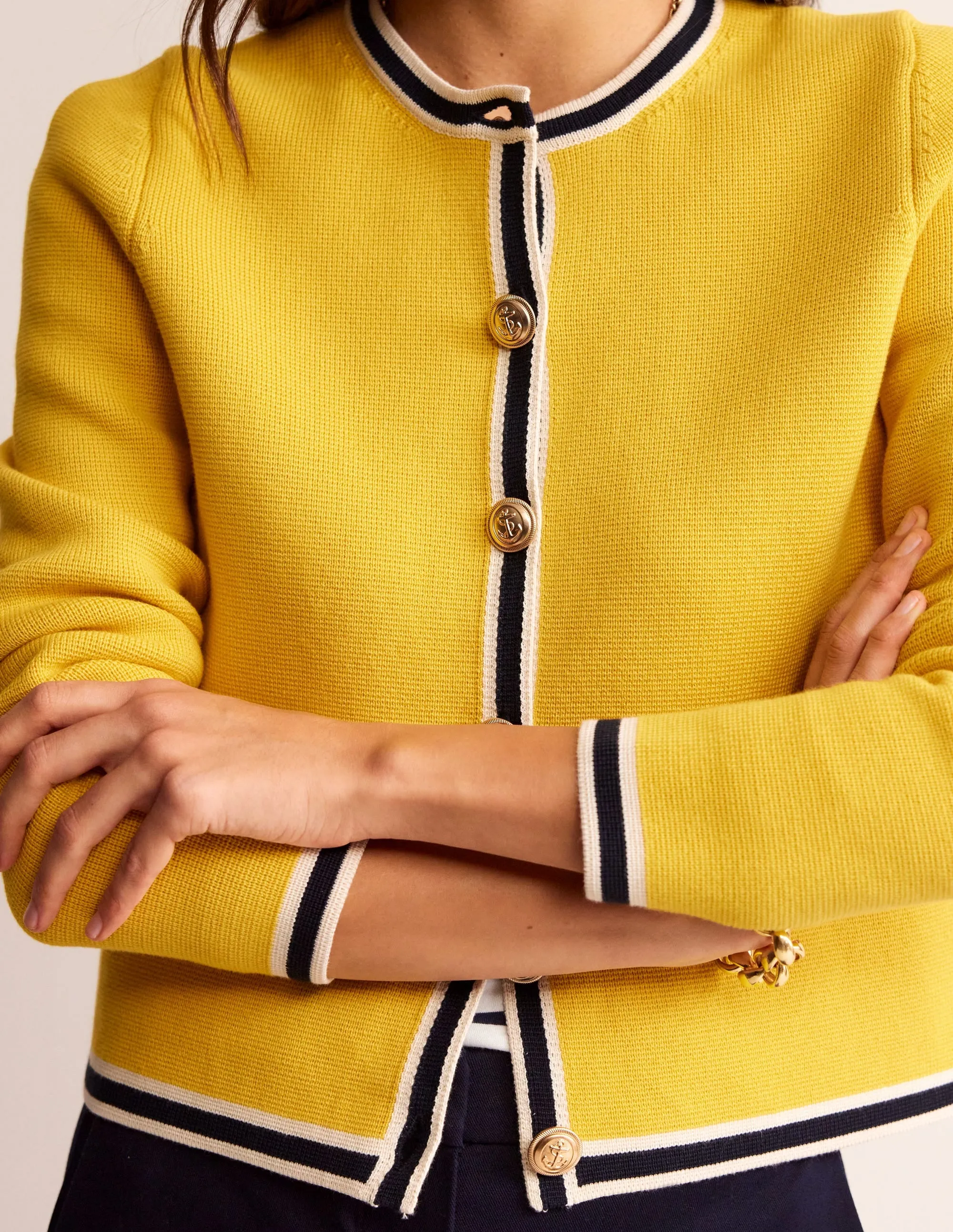 Holly Knitted Jacket-Mimosa Yellow, Navy Tipping