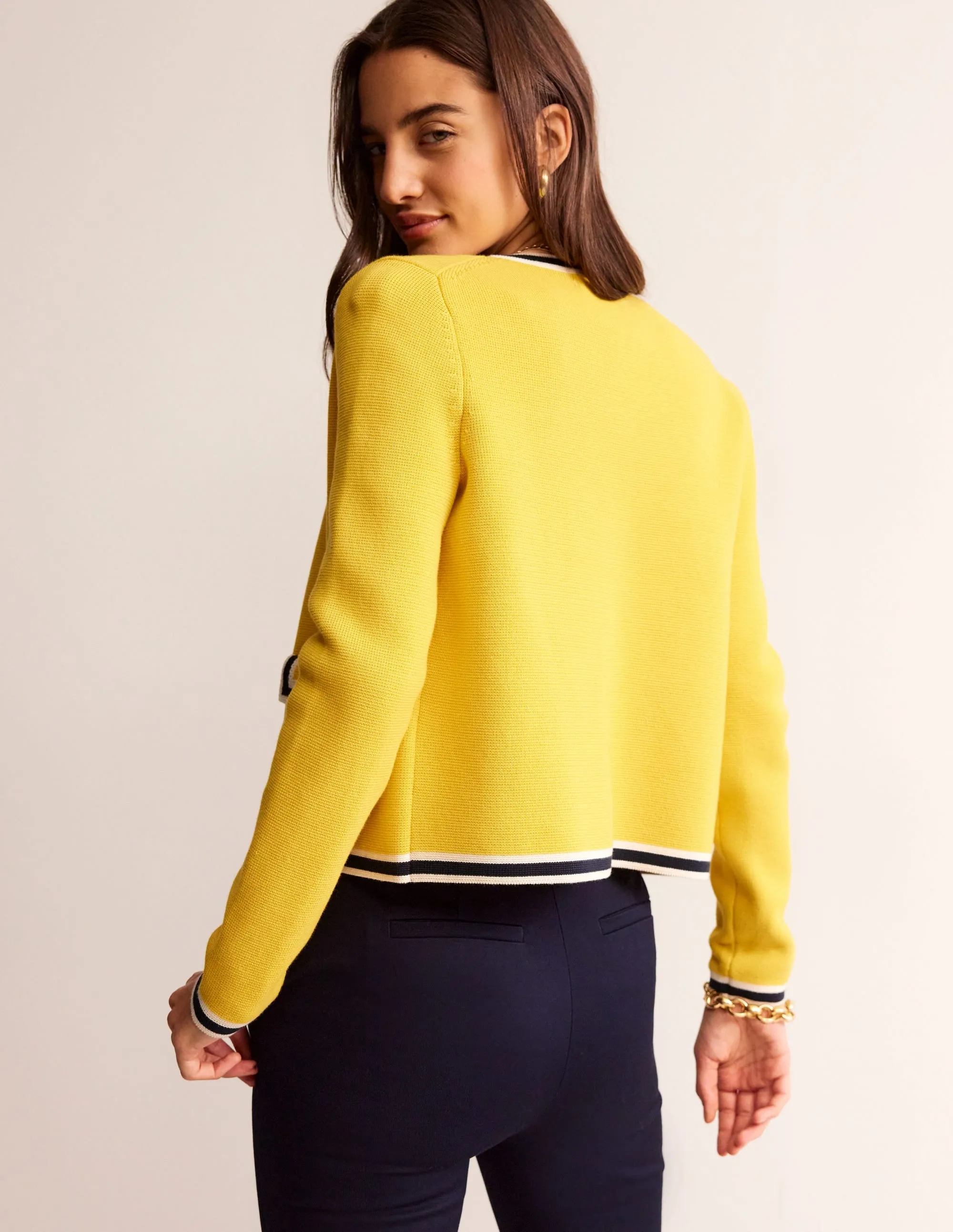 Holly Knitted Jacket-Mimosa Yellow, Navy Tipping
