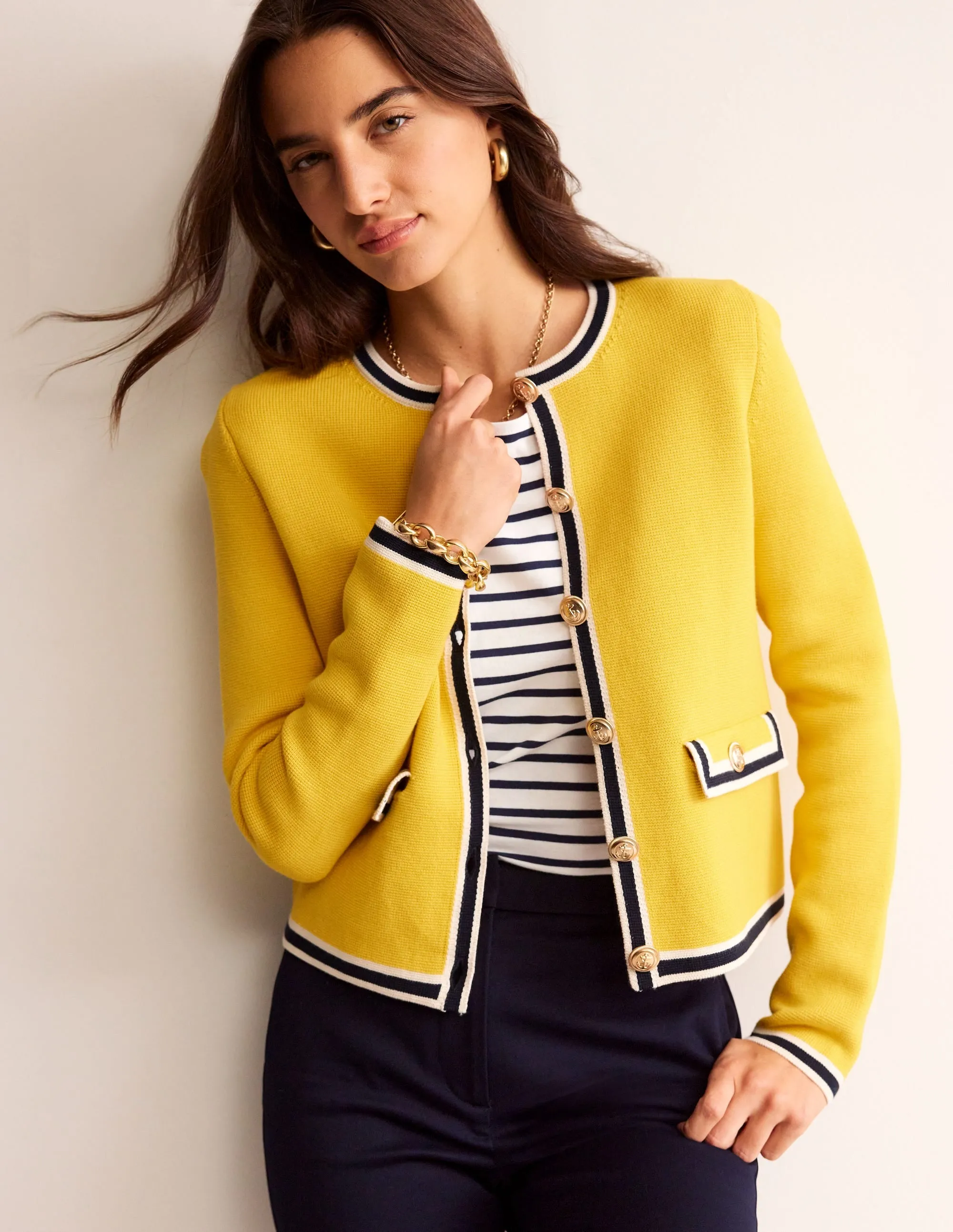 Holly Knitted Jacket-Mimosa Yellow, Navy Tipping
