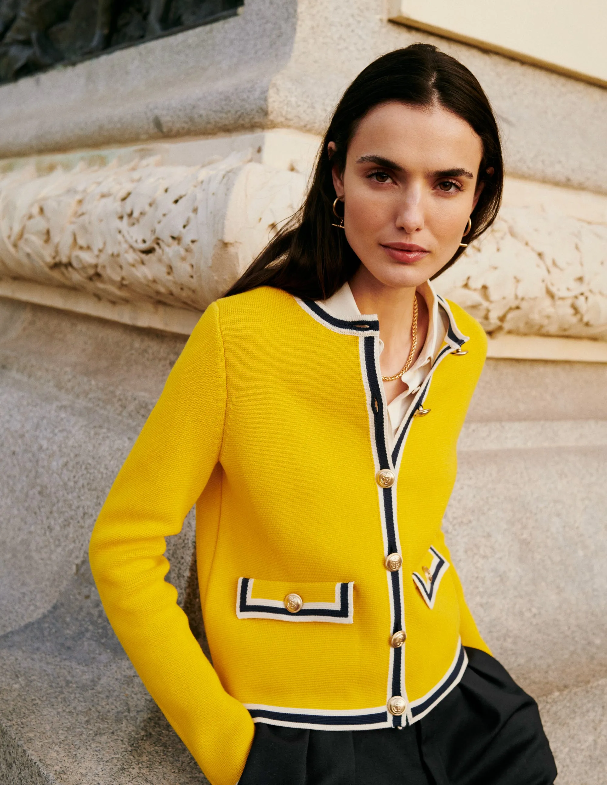 Holly Knitted Jacket-Mimosa Yellow, Navy Tipping