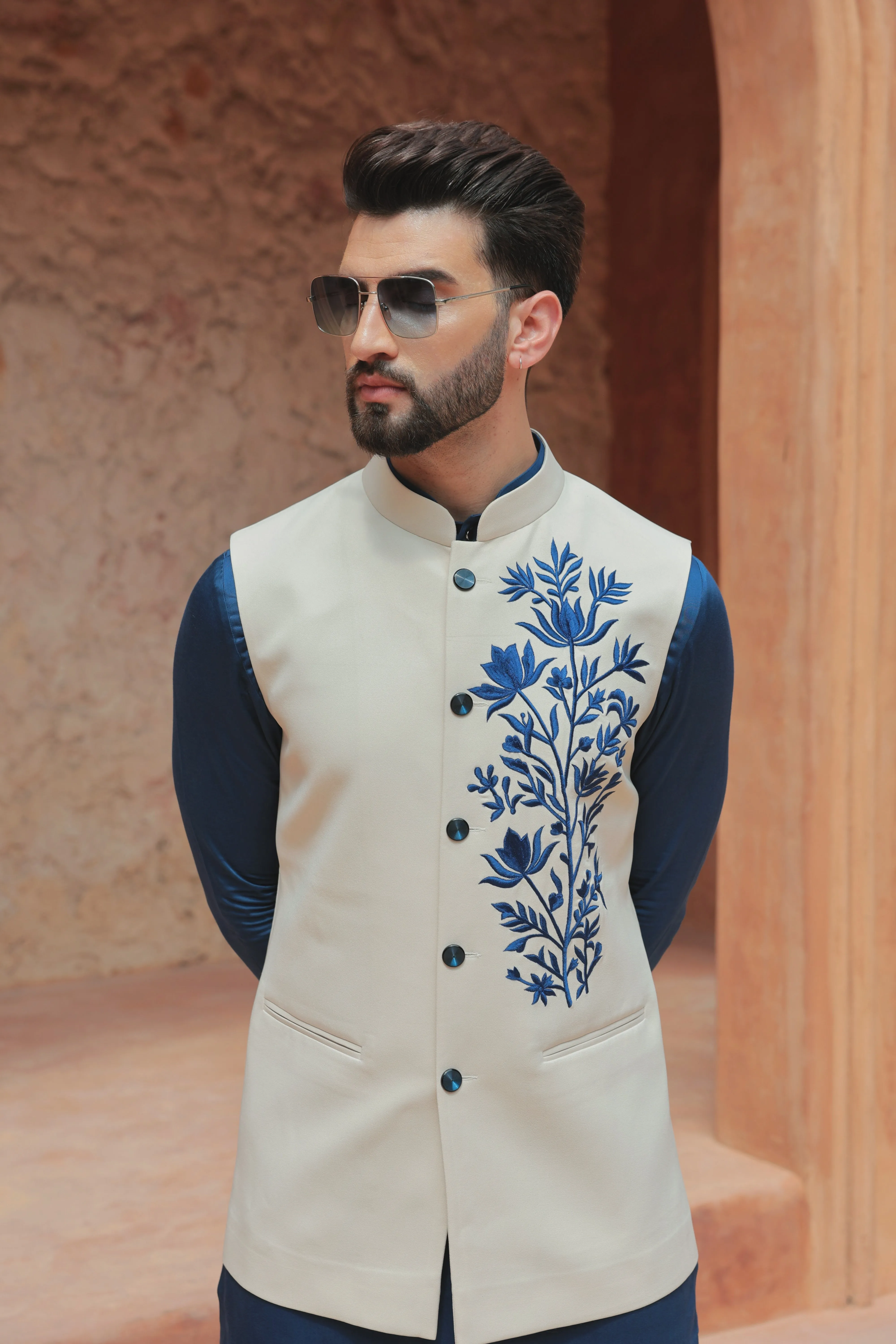Ivory Nehru Jacket with Navy Kurta Set