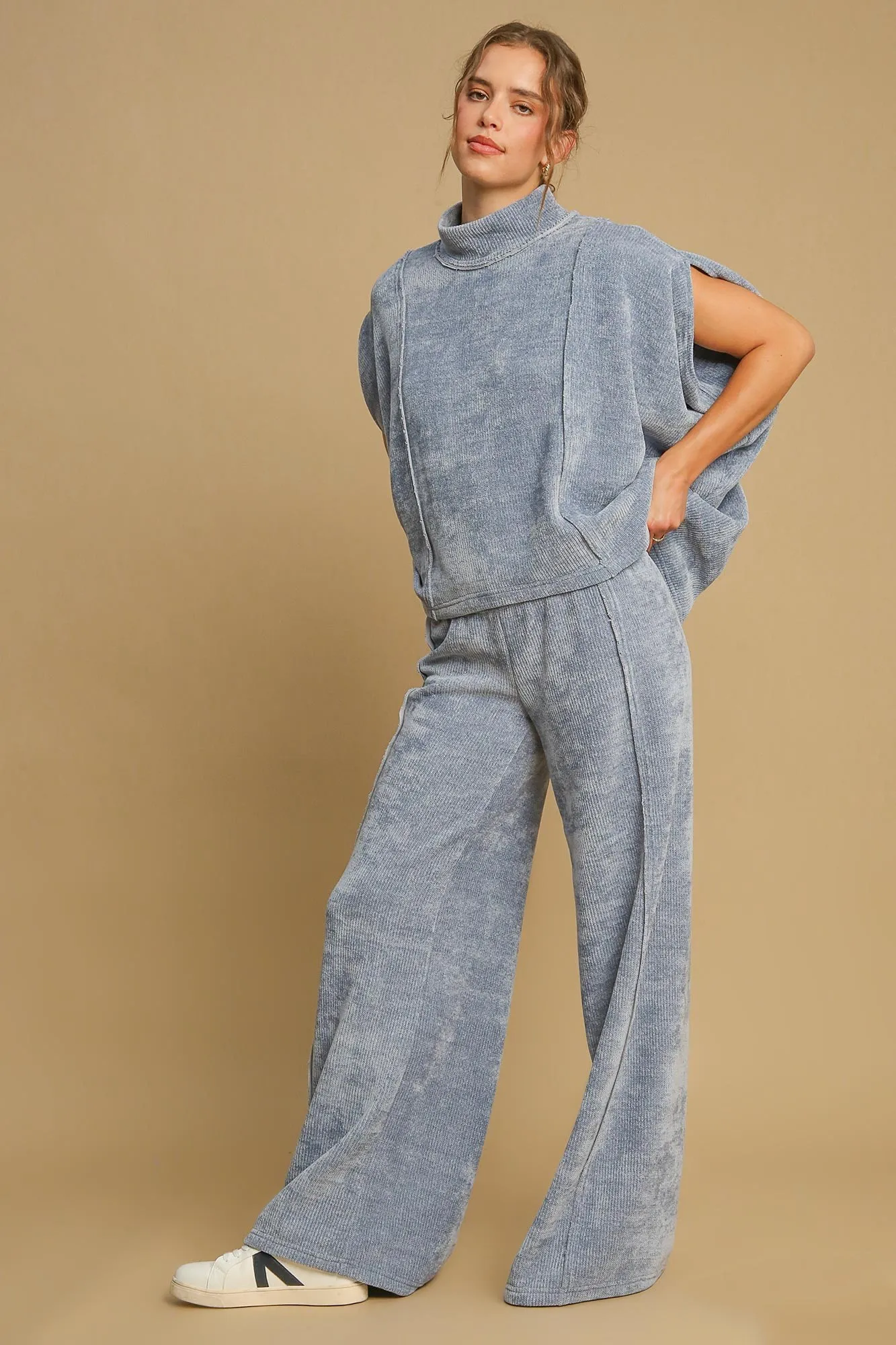 Light Blue Elastic Waist Wide Leg Pants