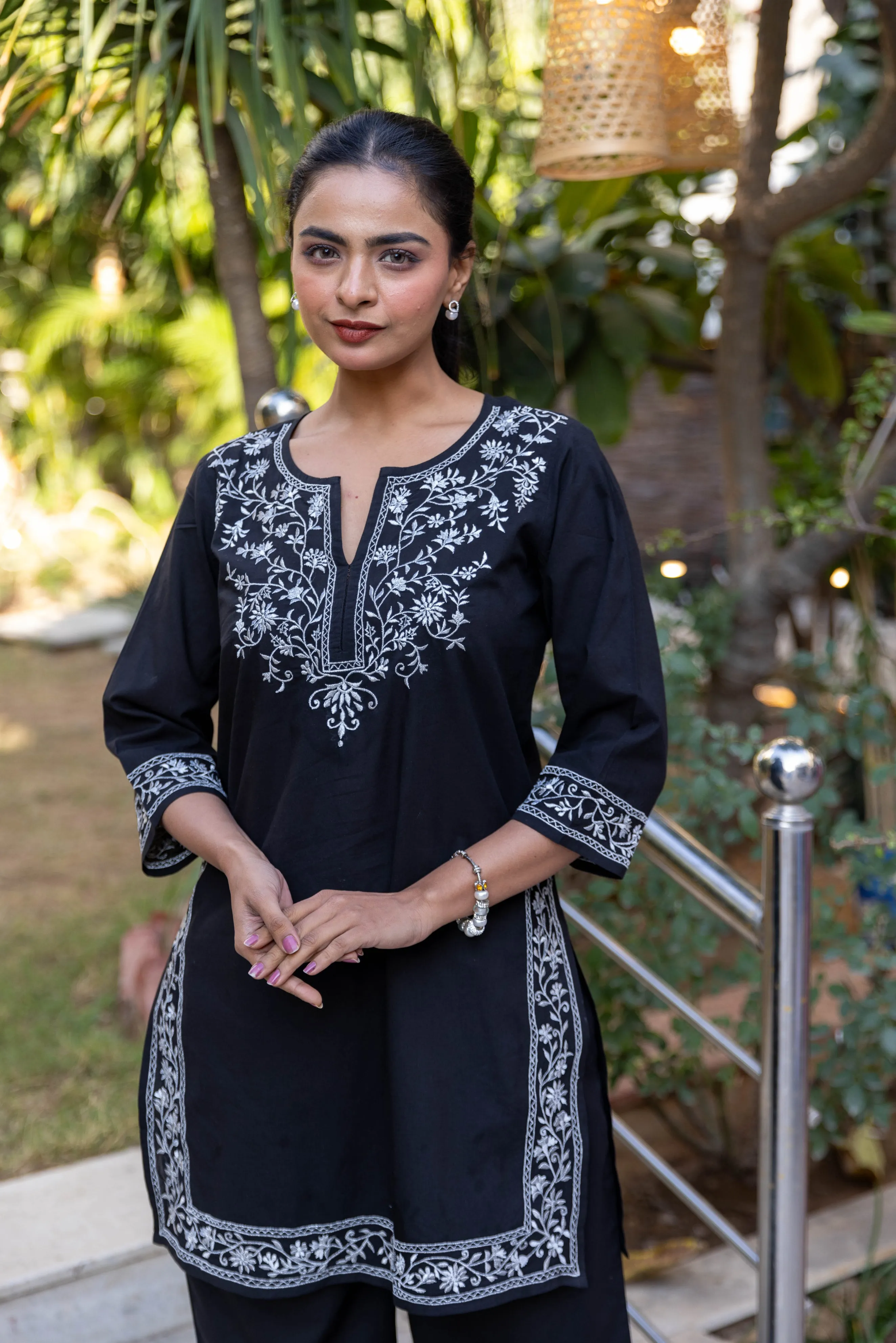 Long Embroidered Kurta With Palazzo - Black