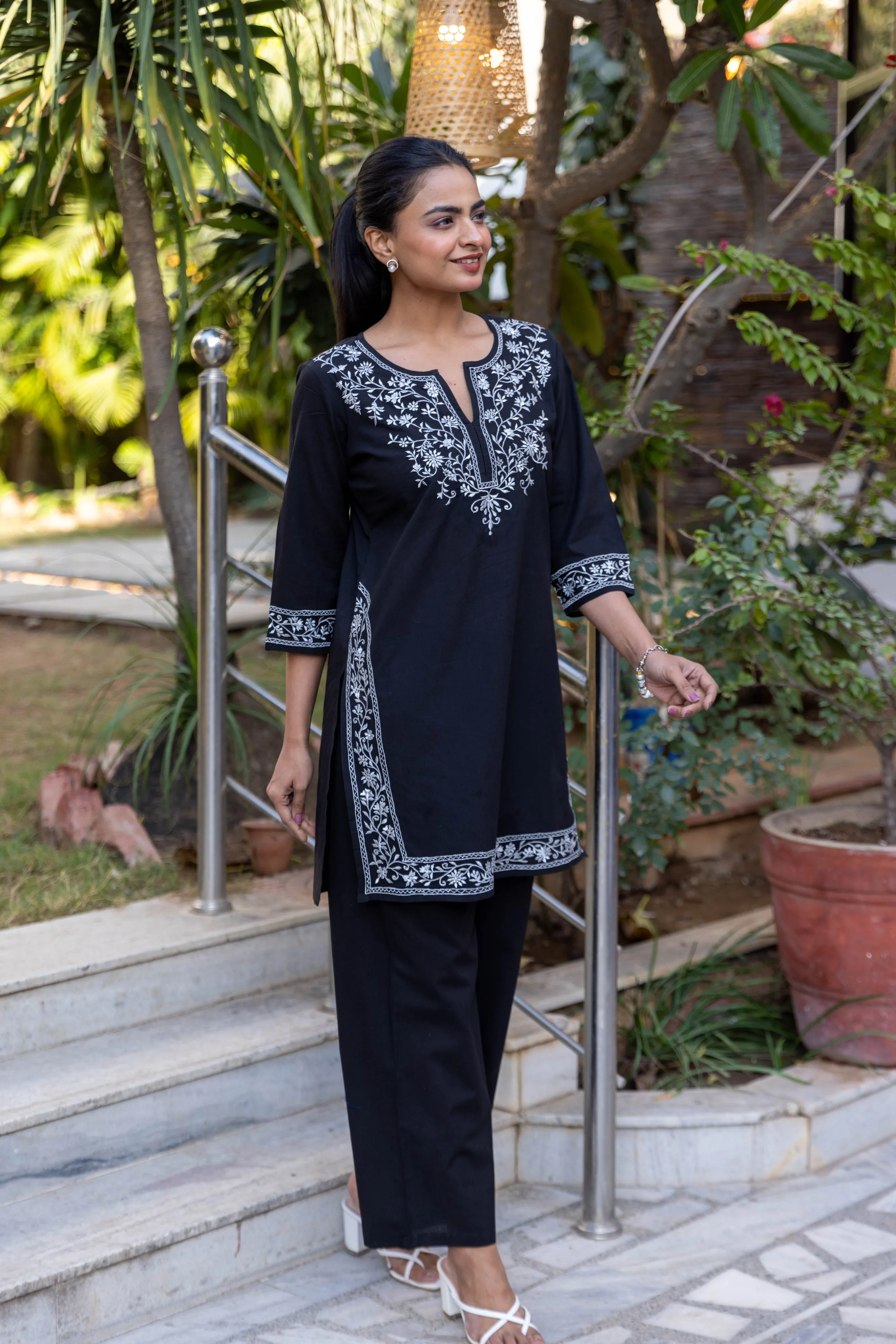 Long Embroidered Kurta With Palazzo - Black