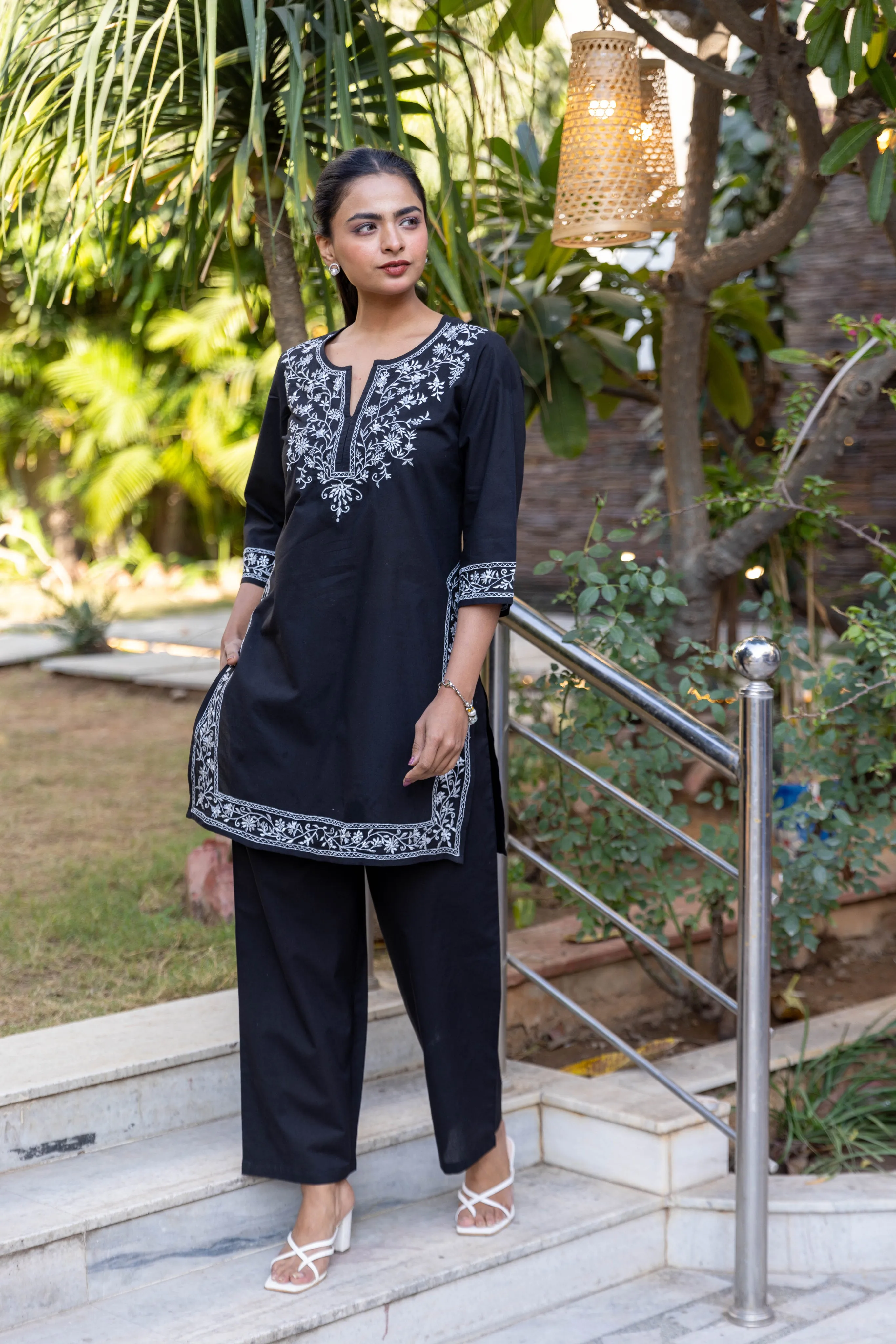 Long Embroidered Kurta With Palazzo - Black