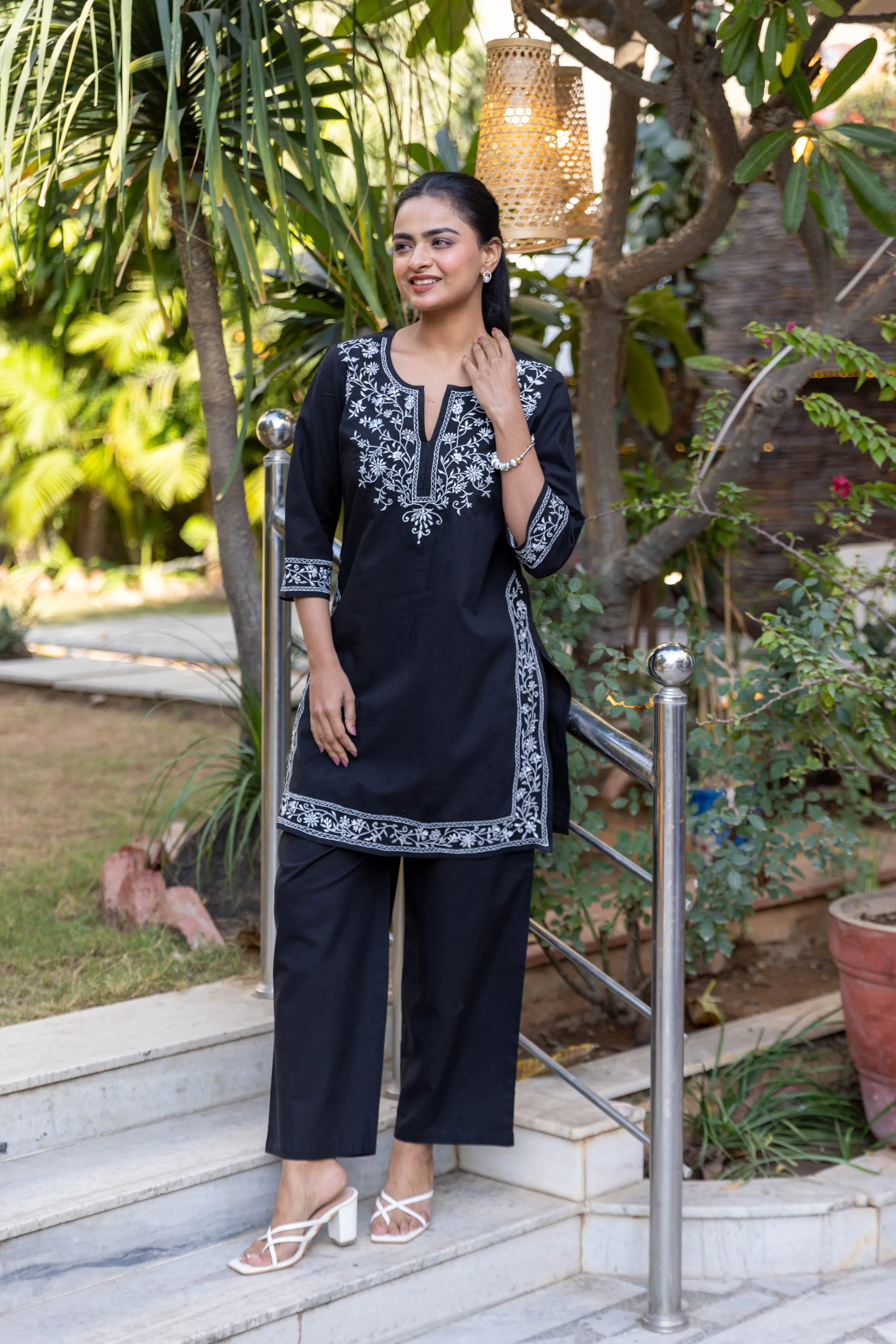 Long Embroidered Kurta With Palazzo - Black