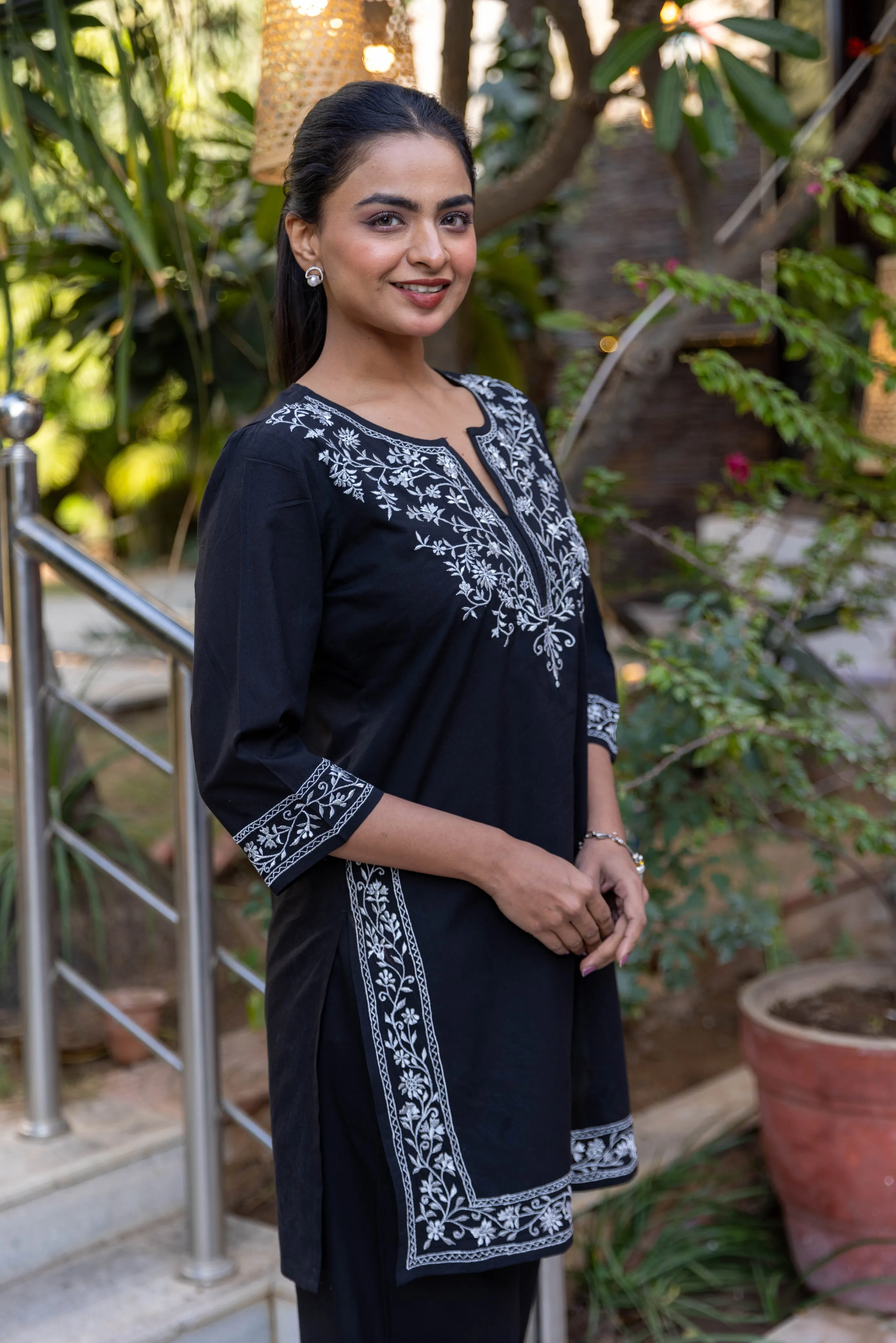 Long Embroidered Kurta With Palazzo - Black