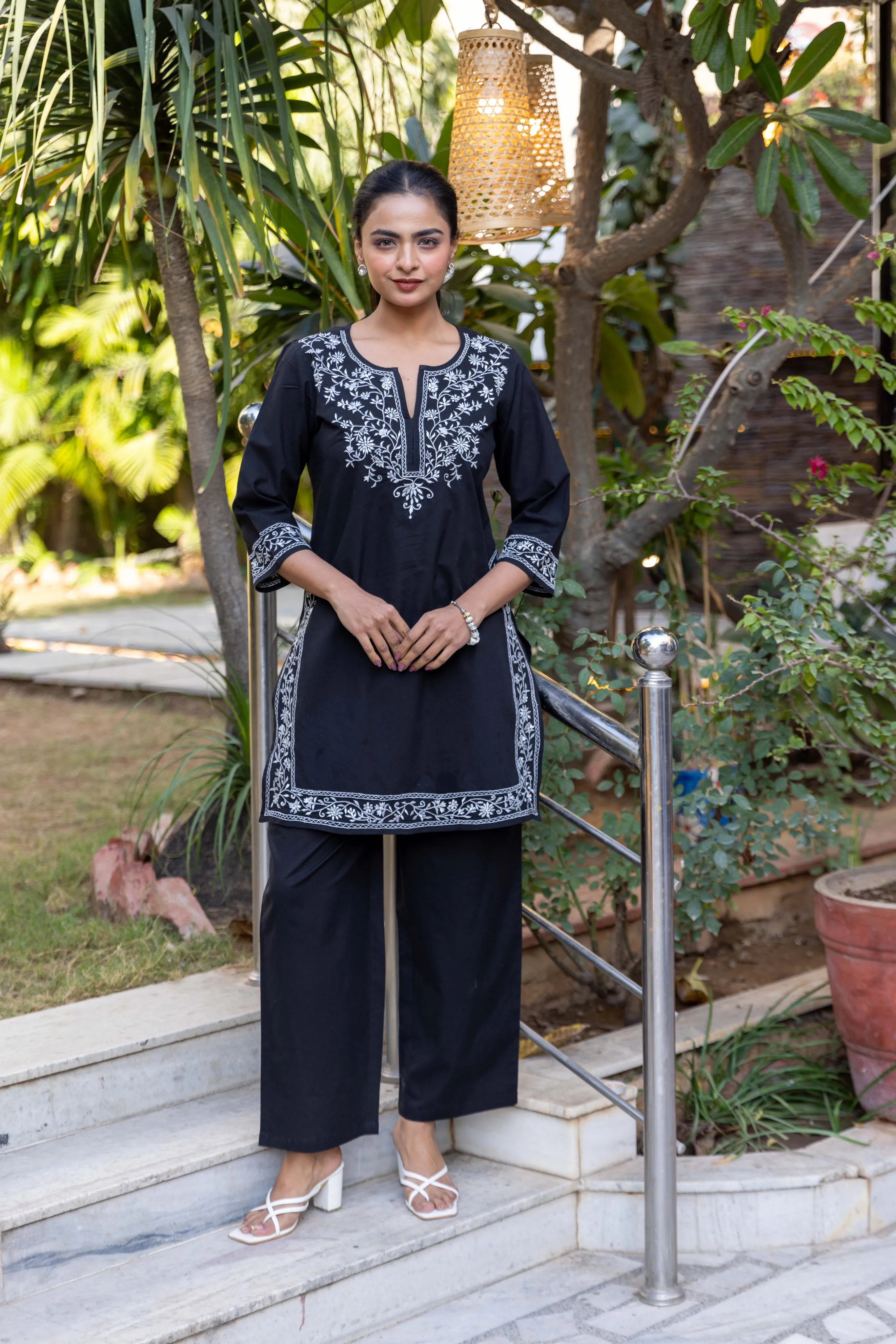Long Embroidered Kurta With Palazzo - Black
