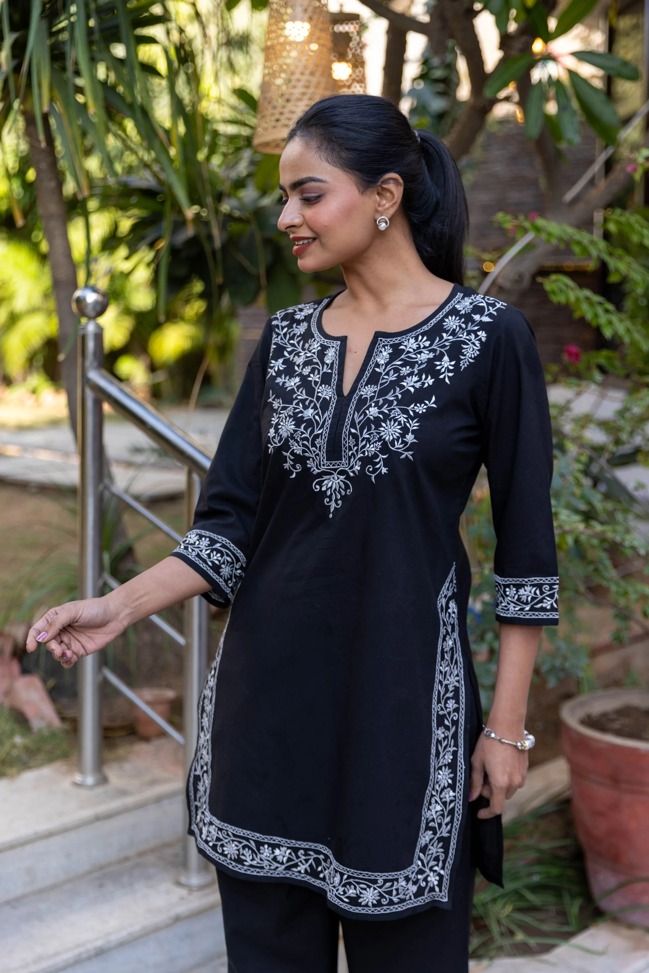 Long Embroidered Kurta With Palazzo - Black