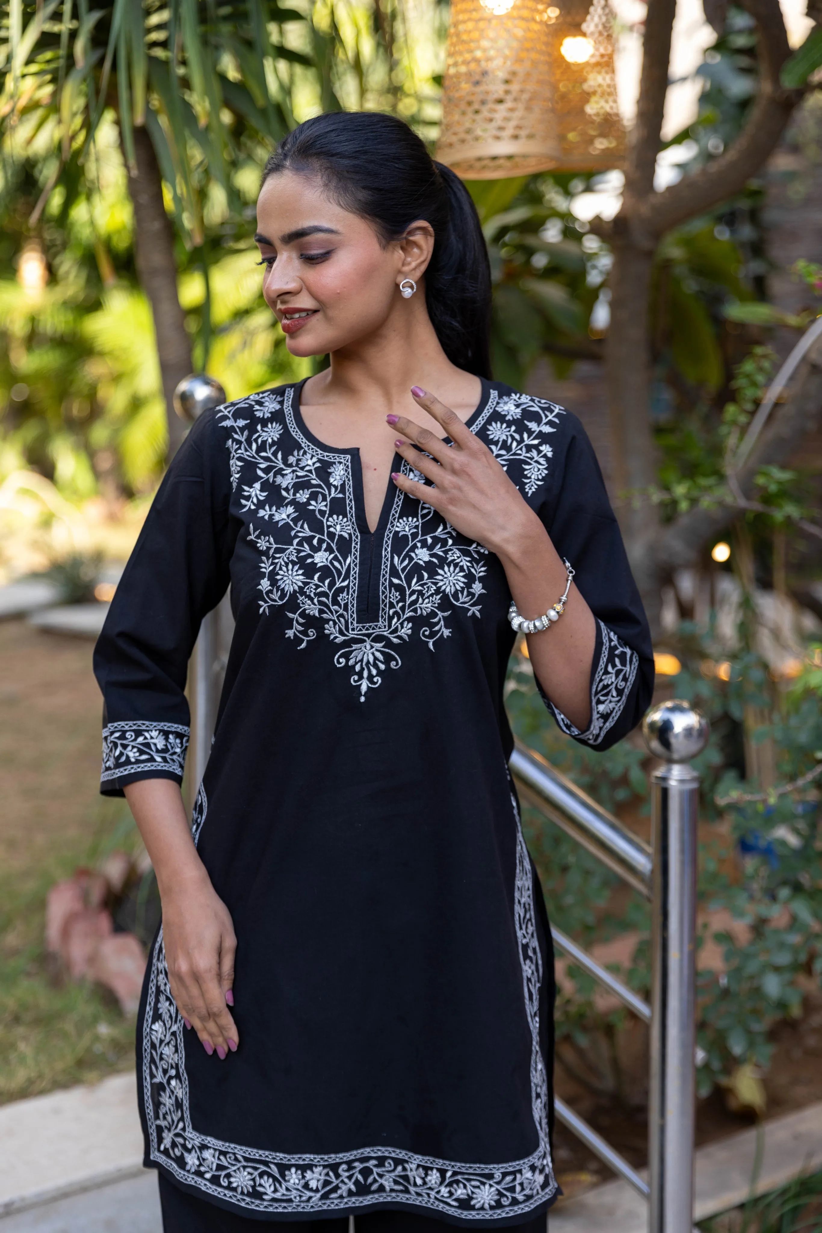 Long Embroidered Kurta With Palazzo - Black