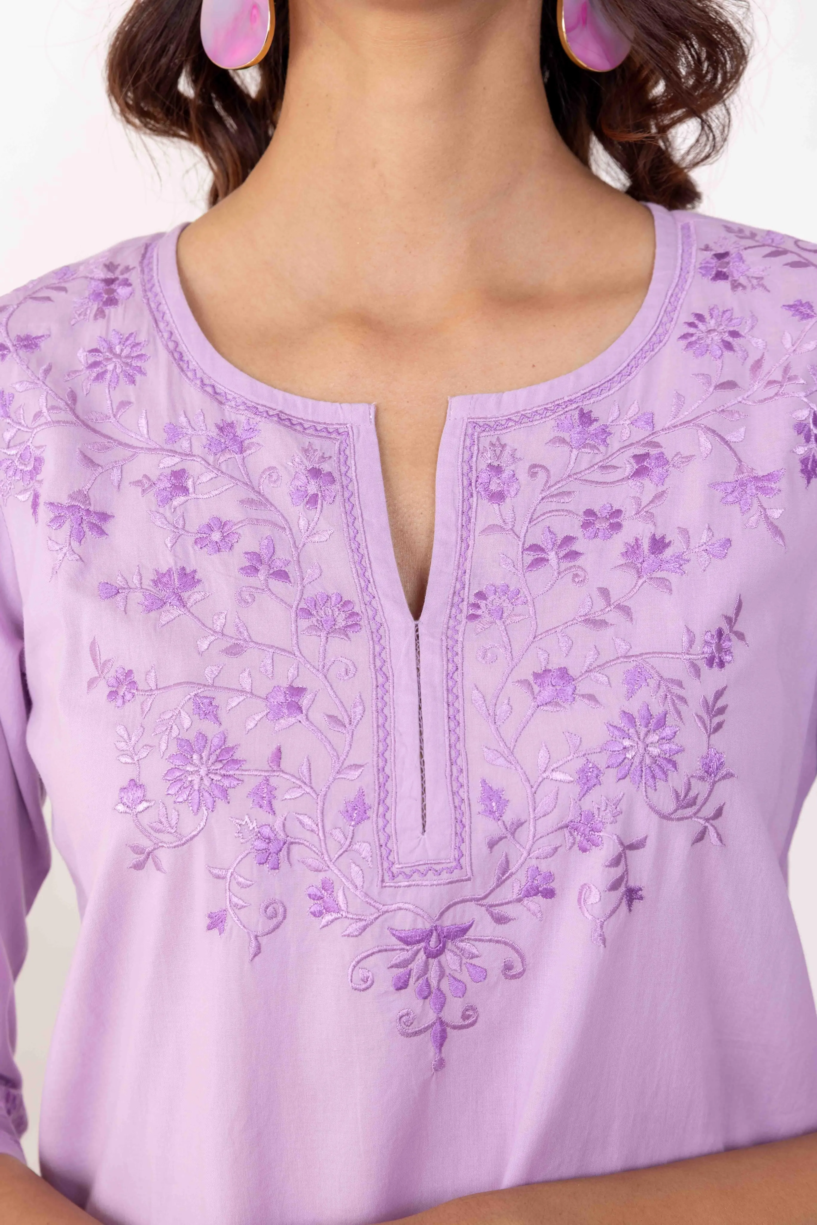 Long Embroidered Kurta With Palazzo -LILAC