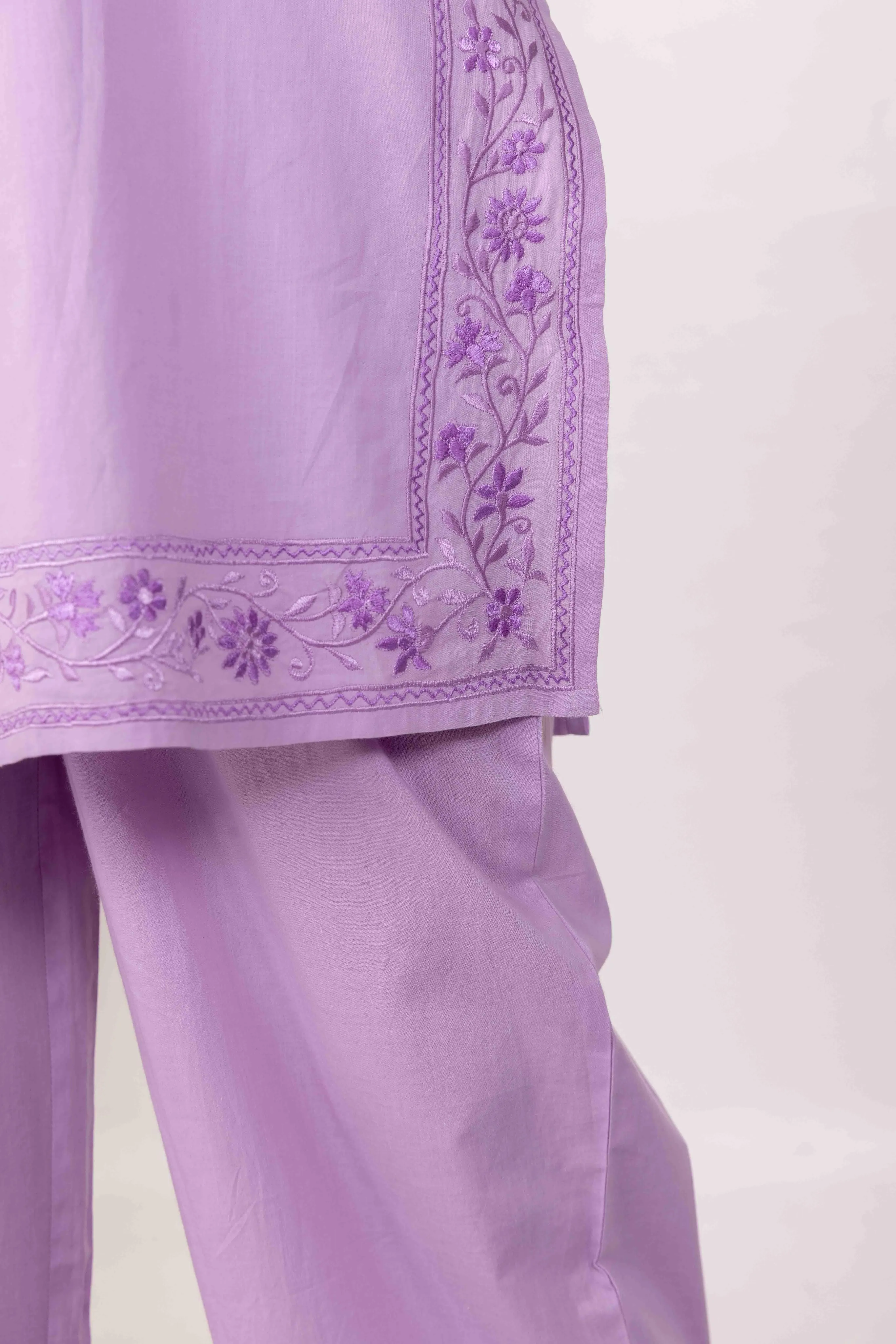 Long Embroidered Kurta With Palazzo -LILAC