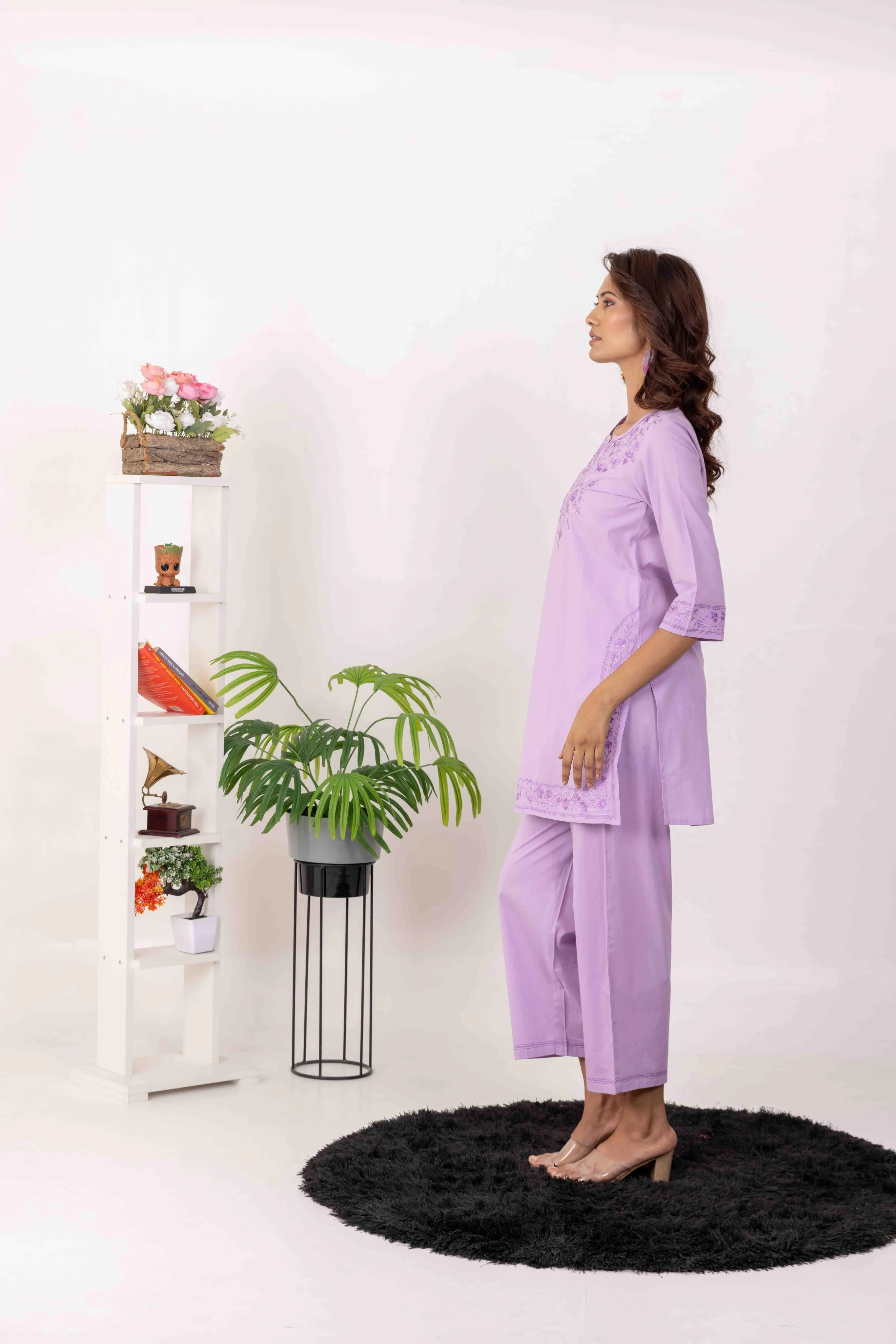 Long Embroidered Kurta With Palazzo -LILAC