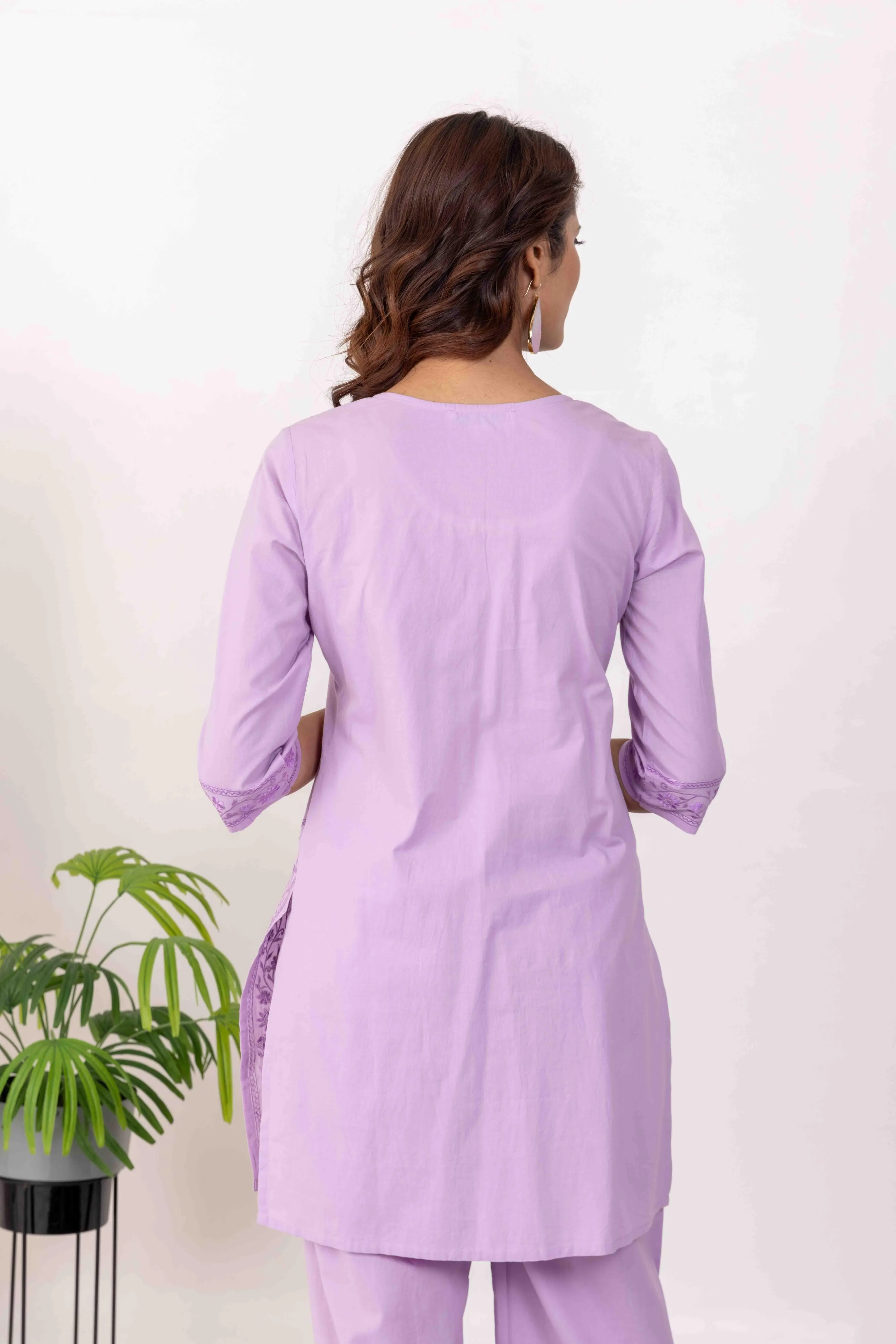 Long Embroidered Kurta With Palazzo -LILAC