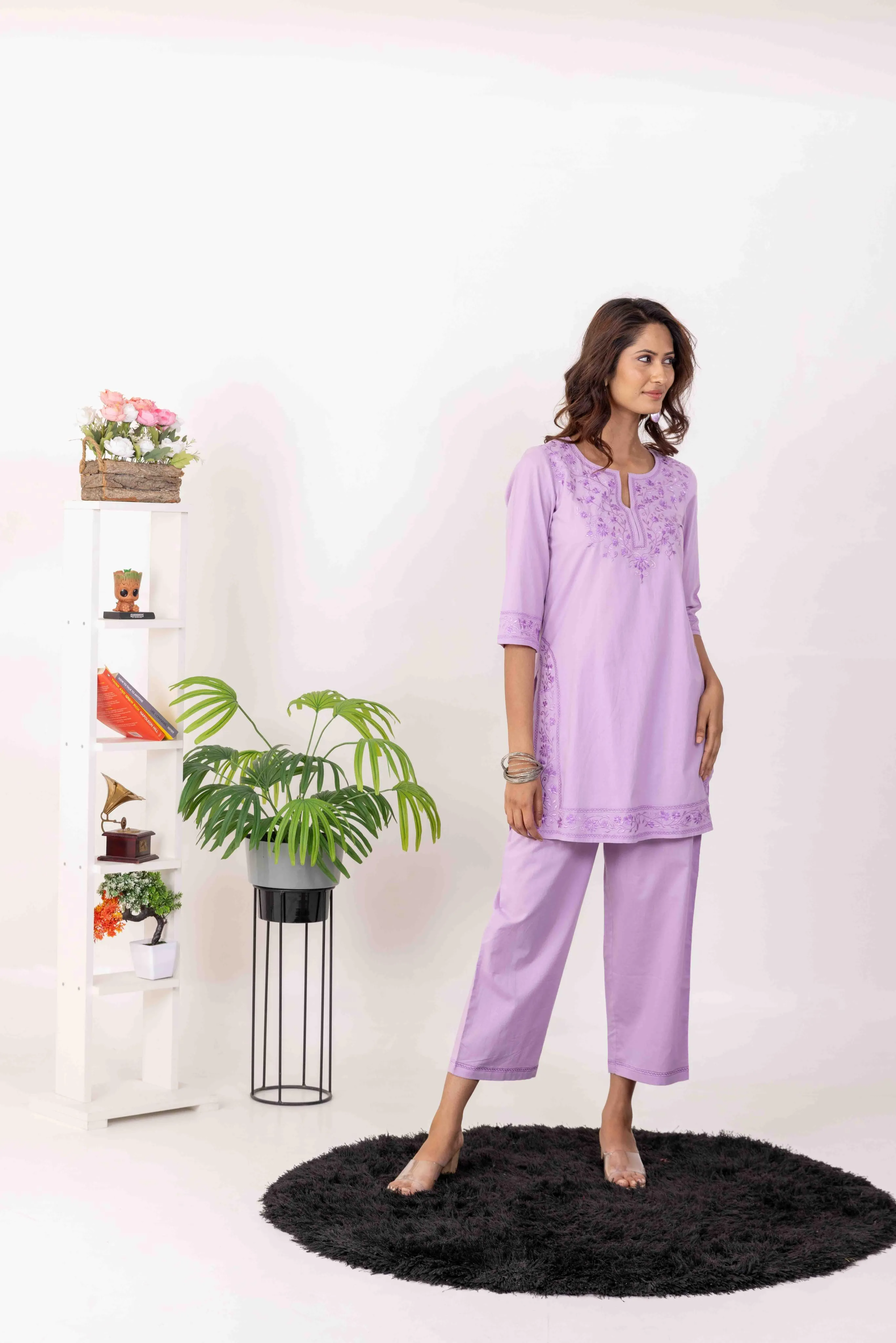 Long Embroidered Kurta With Palazzo -LILAC