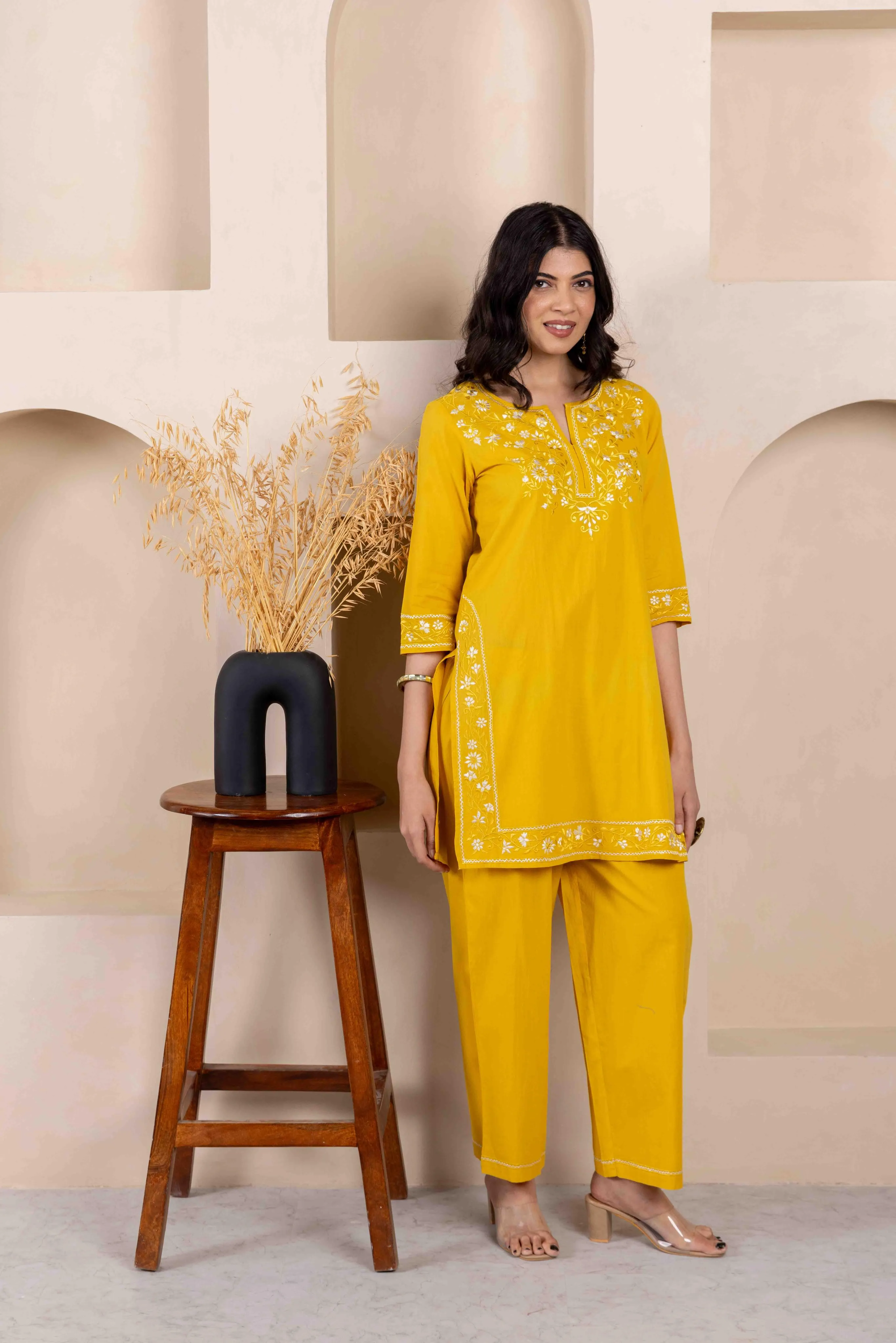Long Embroidered Kurta With Palazzo - Mustard