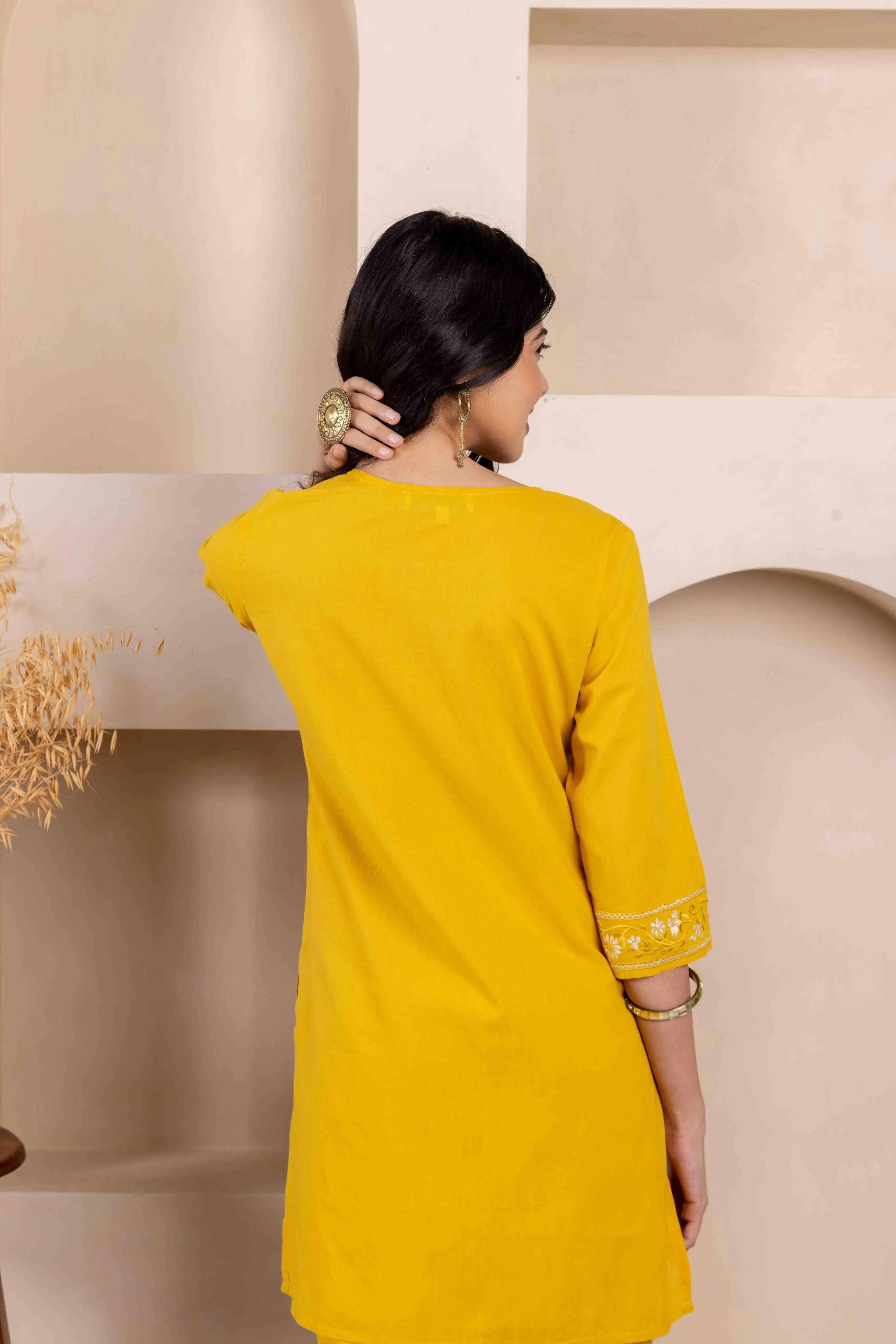 Long Embroidered Kurta With Palazzo - Mustard