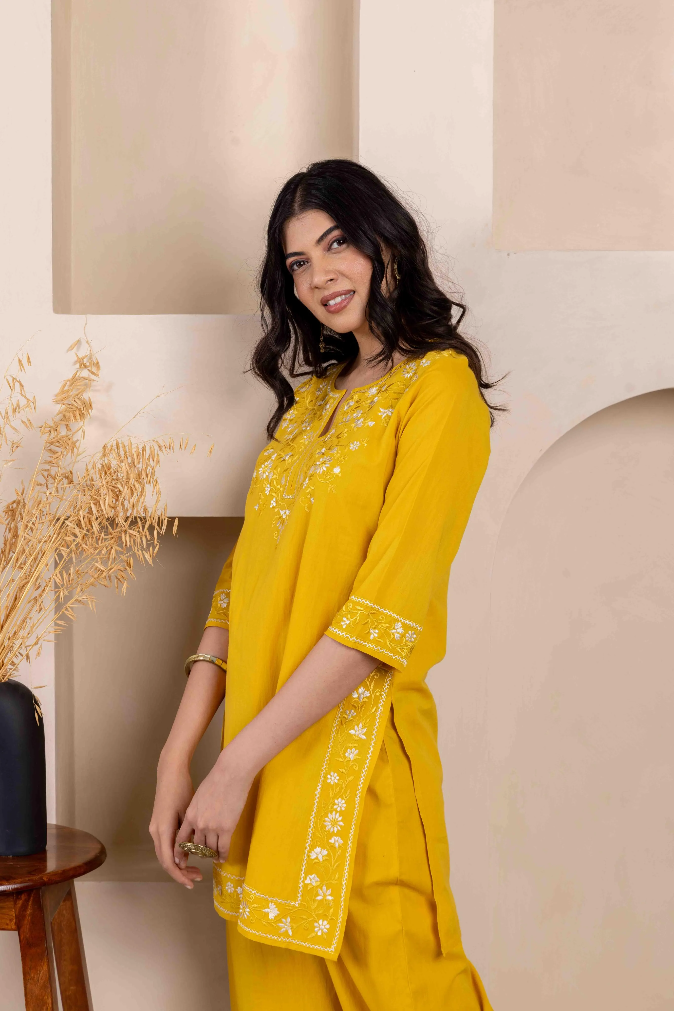 Long Embroidered Kurta With Palazzo - Mustard