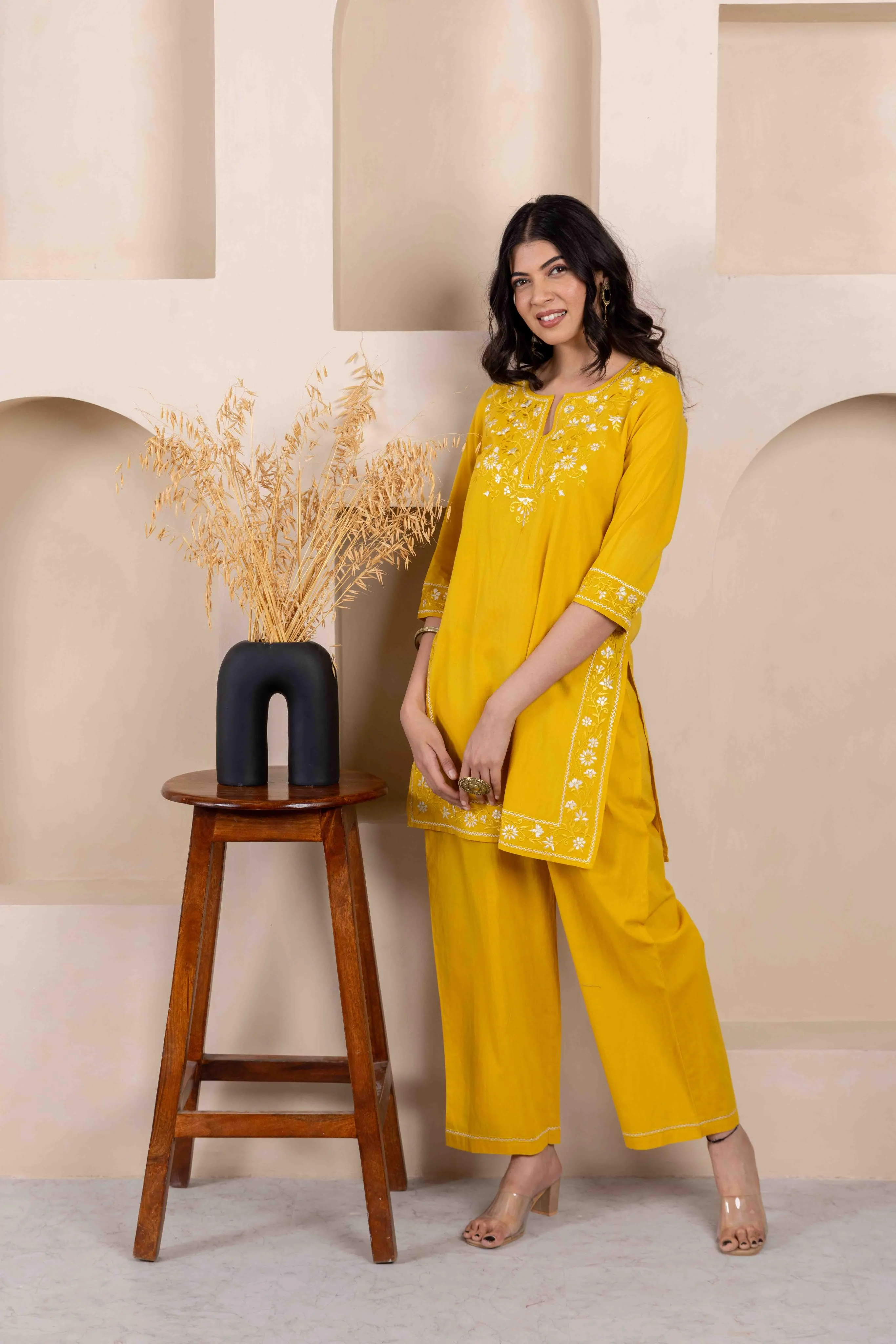 Long Embroidered Kurta With Palazzo - Mustard