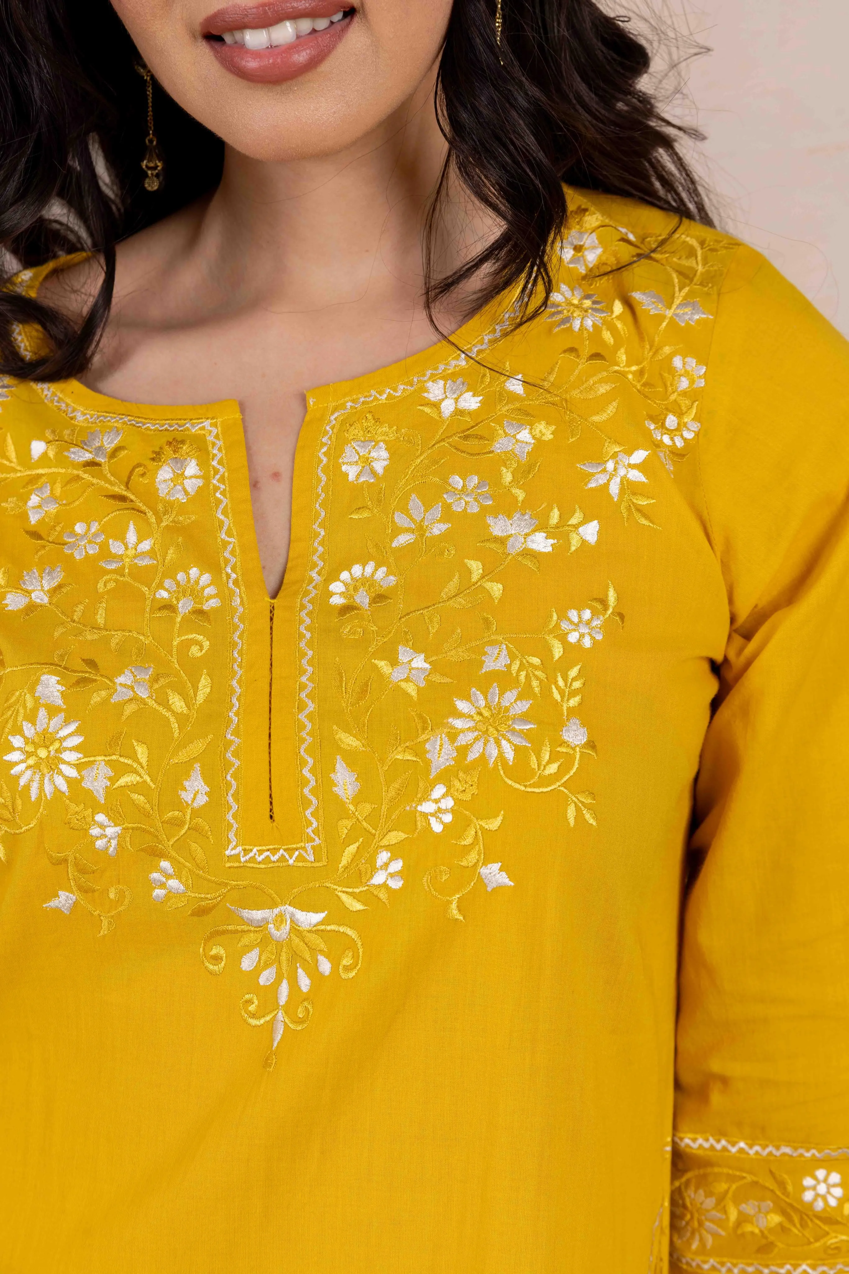 Long Embroidered Kurta With Palazzo - Mustard