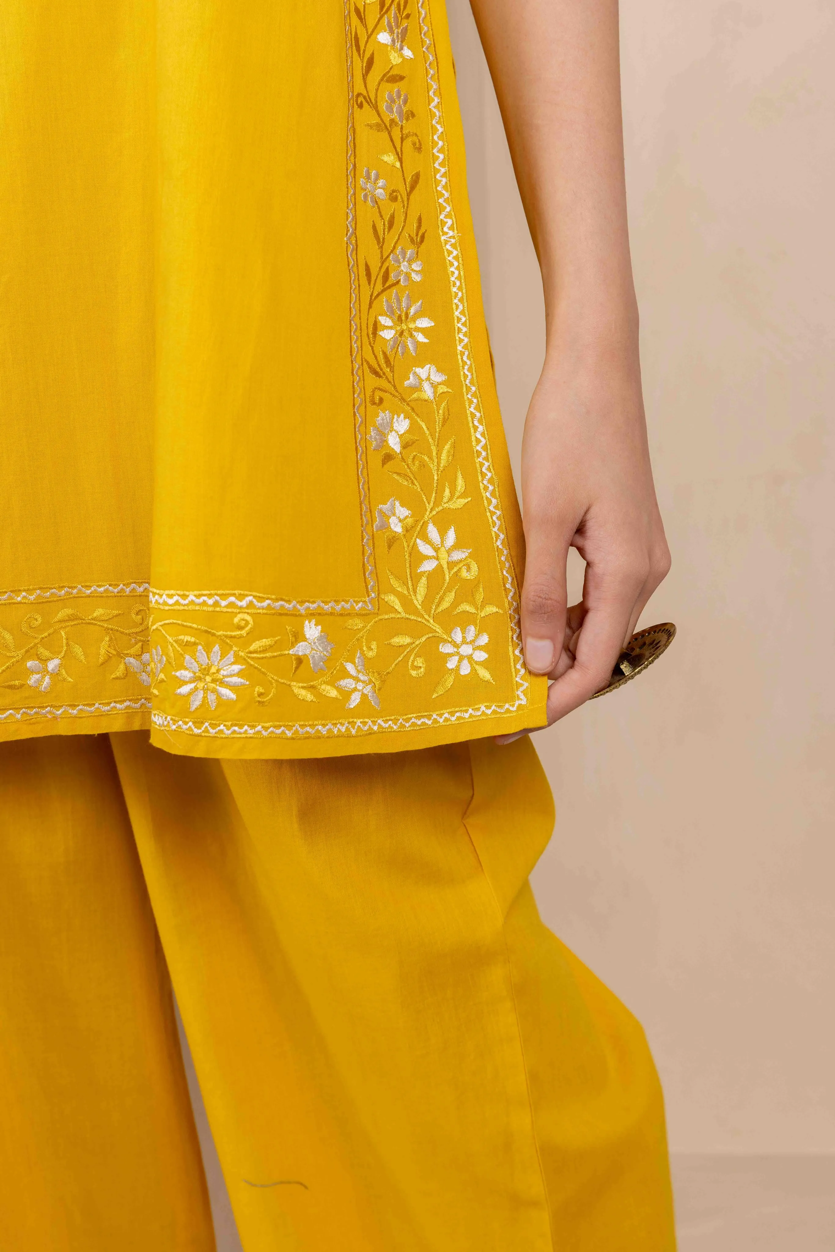Long Embroidered Kurta With Palazzo - Mustard