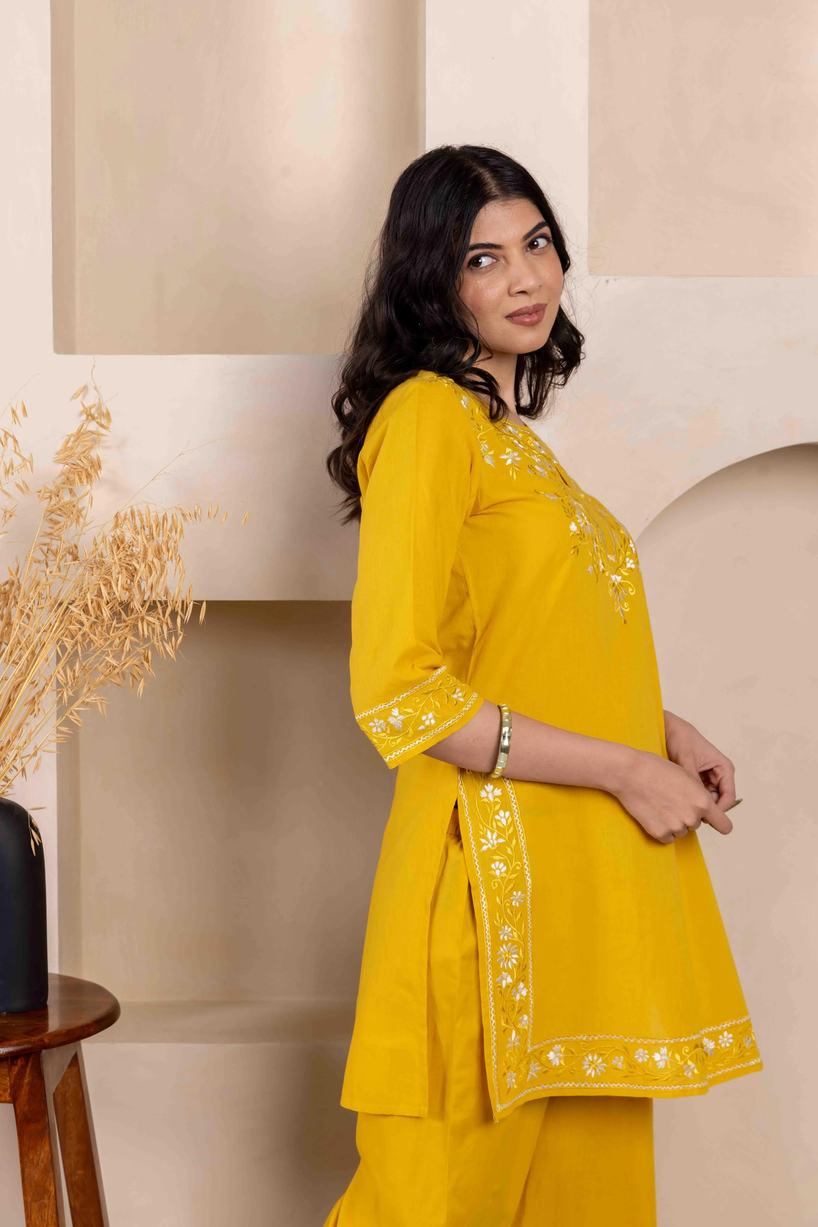 Long Embroidered Kurta With Palazzo - Mustard