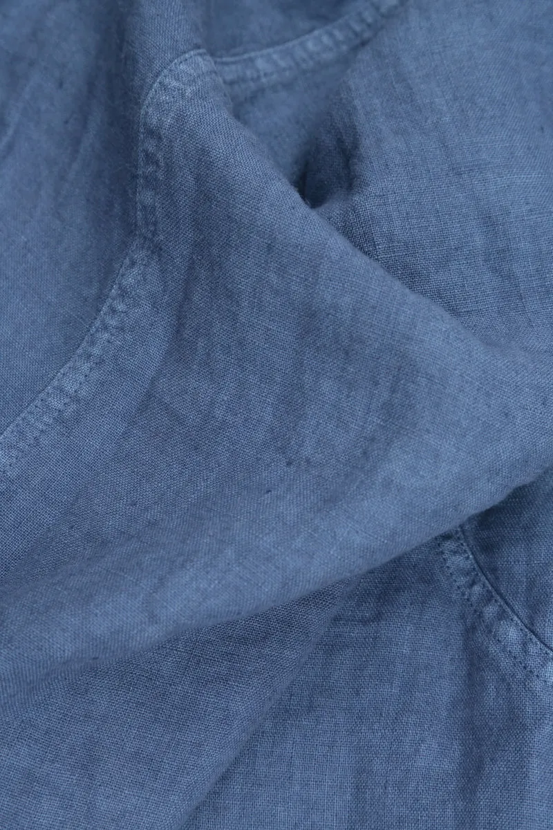 Loose Back Pockets Blue Off-Dye Linen Trousers