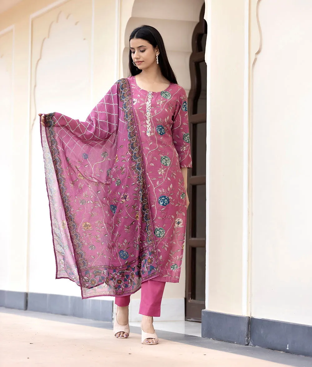 Maroon Floral Printed Kurta Pant Set With Dupatta (Set Of 3)
