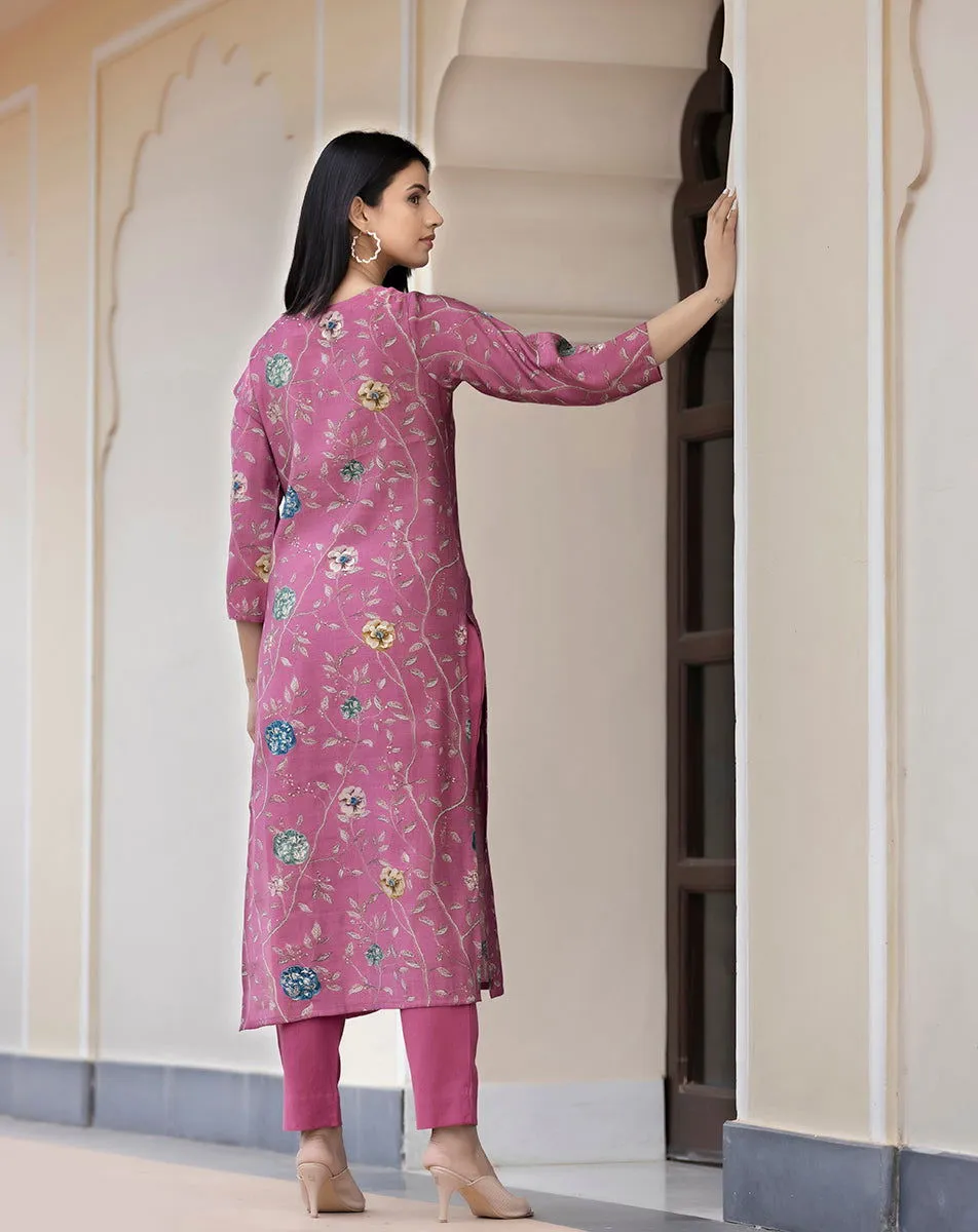 Maroon Floral Printed Kurta Pant Set With Dupatta (Set Of 3)