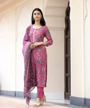 Maroon Floral Printed Kurta Pant Set With Dupatta (Set Of 3)