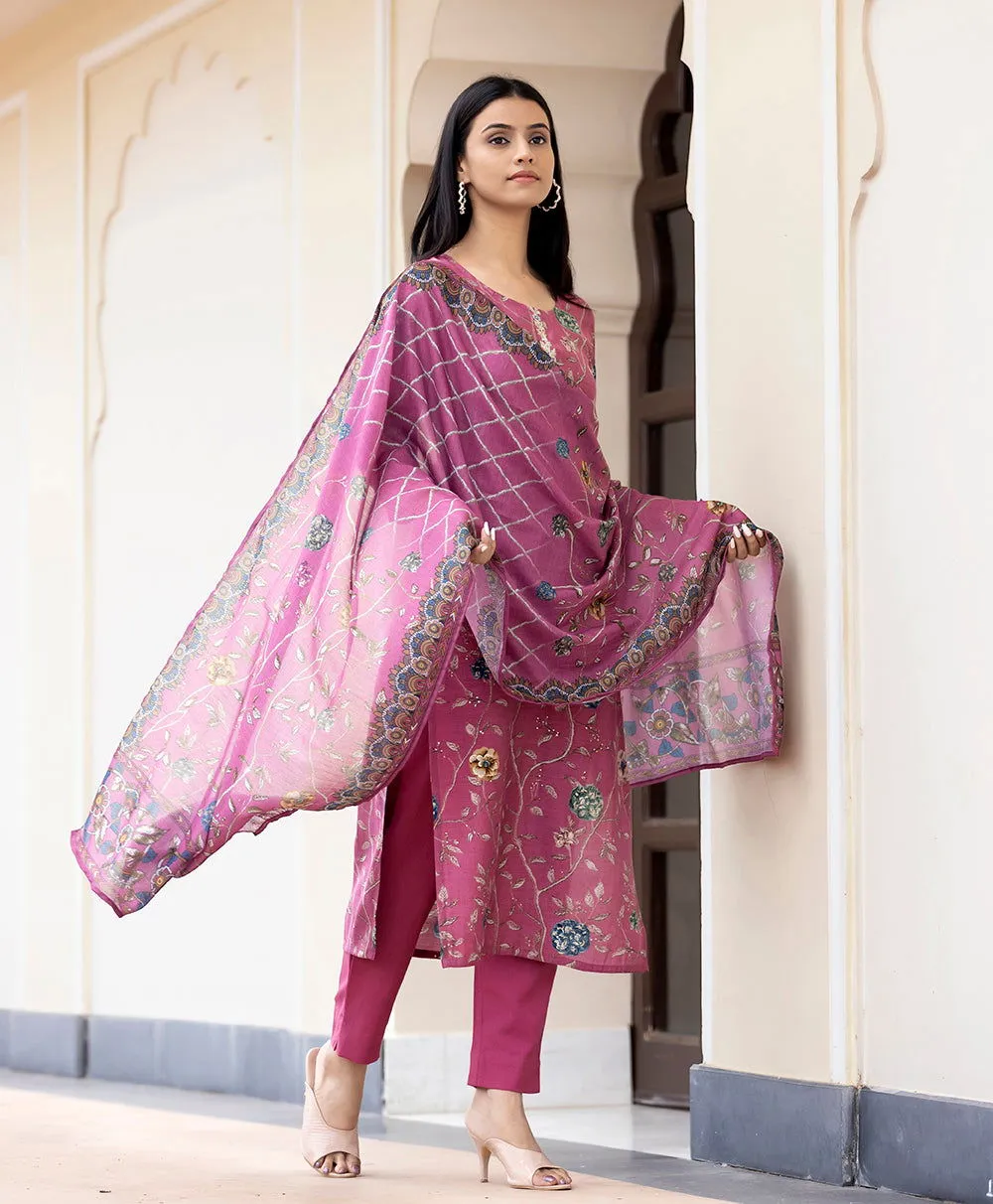 Maroon Floral Printed Kurta Pant Set With Dupatta (Set Of 3)