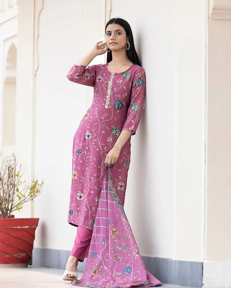 Maroon Floral Printed Kurta Pant Set With Dupatta (Set Of 3)