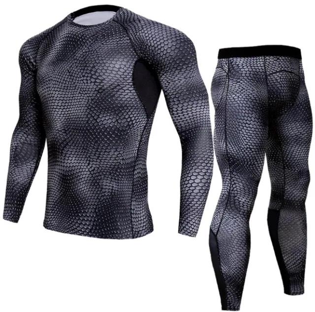 Men Snake Print Long Sleeve Quick Dry Compression T-Shirt and Tights Tops Pants Sports Tracksuits