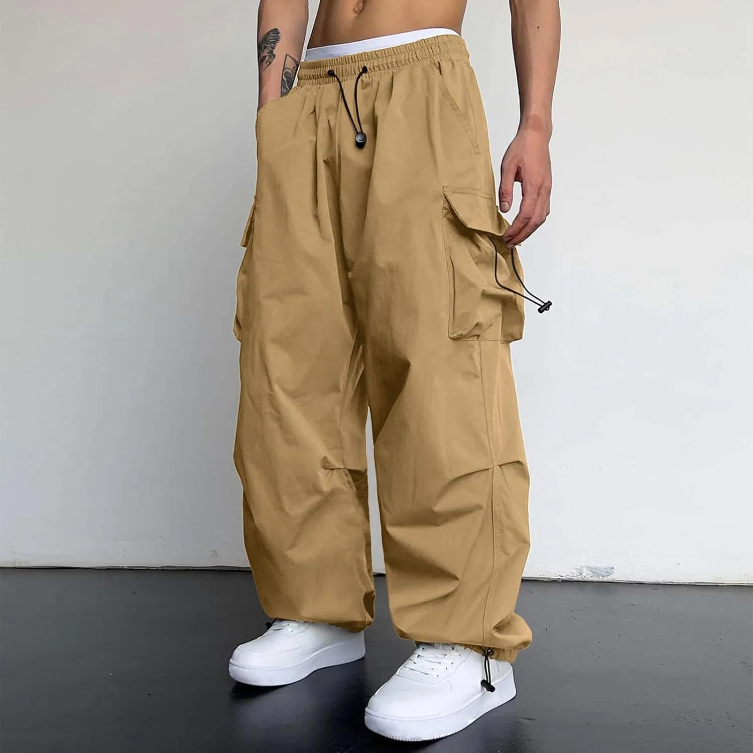 Mens Cargo Work Pant Wide Leg Casual Joggers Drawstring Elastic Waist Combat Work Pant with Pockets