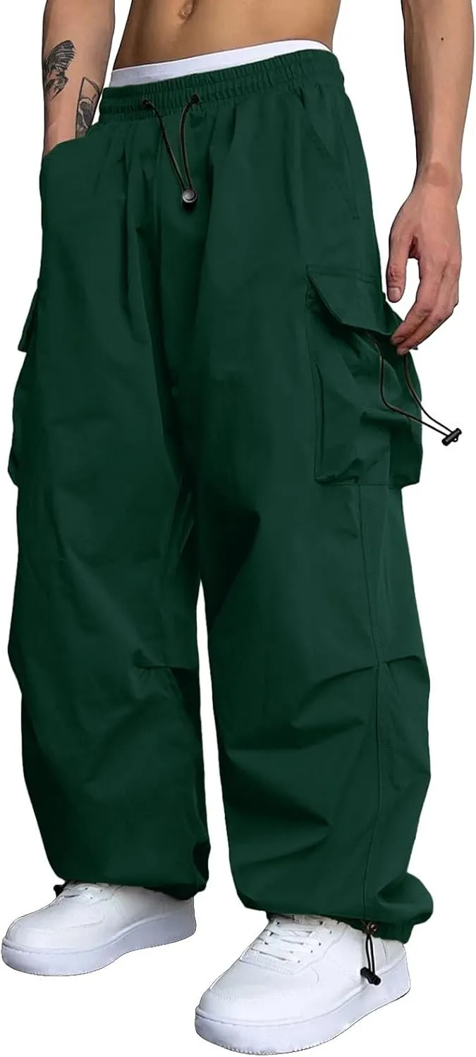 Mens Cargo Work Pant Wide Leg Casual Joggers Drawstring Elastic Waist Combat Work Pant with Pockets