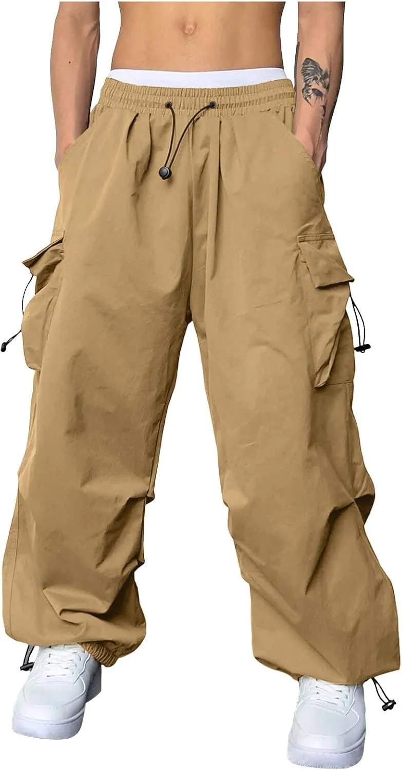 Mens Cargo Work Pant Wide Leg Casual Joggers Drawstring Elastic Waist Combat Work Pant with Pockets